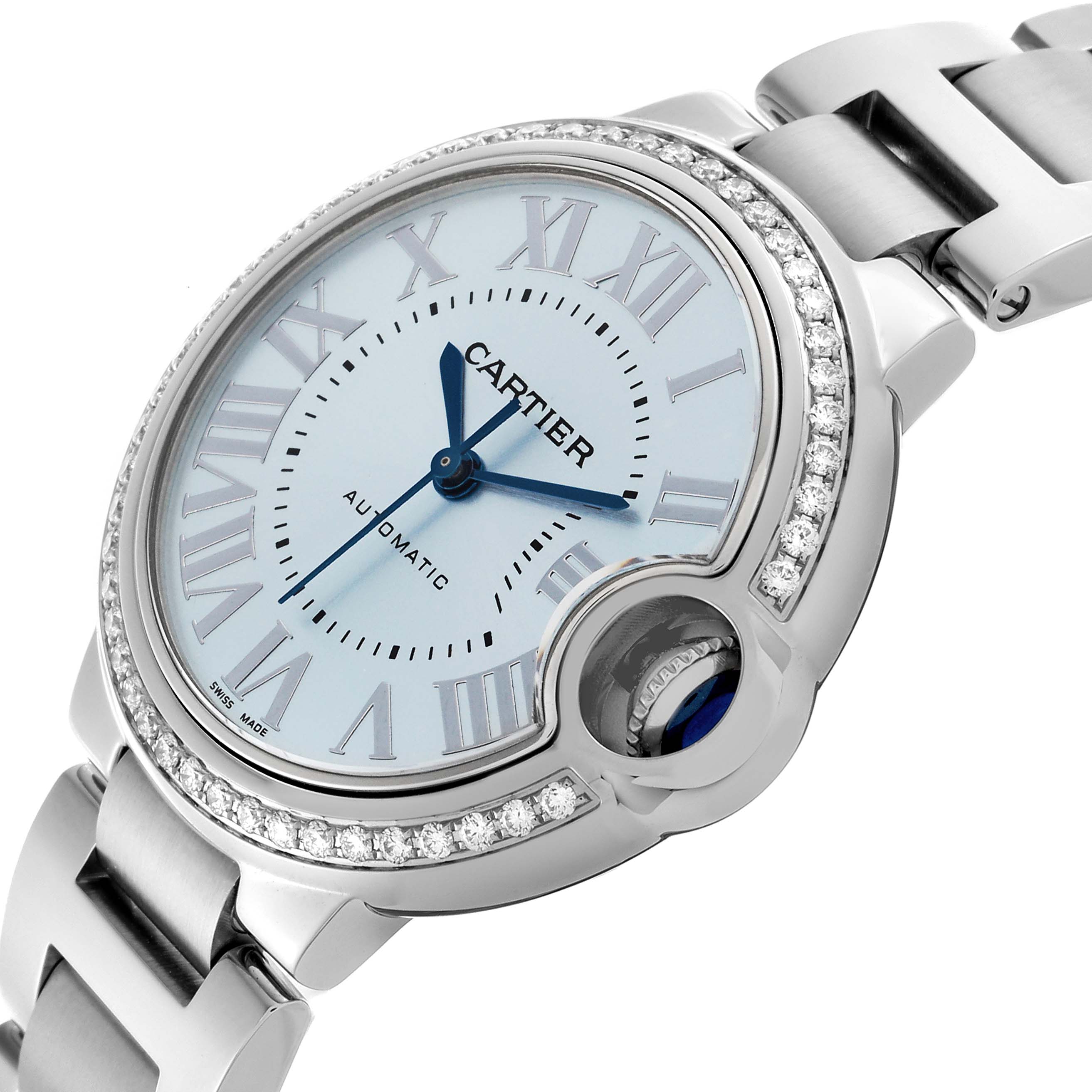 The Cartier Ballon Bleu W4BB0028 Women
s Stainless Steel Blue Dial W4BB0028 Women
s Stainless Steel Blue Dial watch is shown at an angled view, highlighting its face, crown, and bracelet.