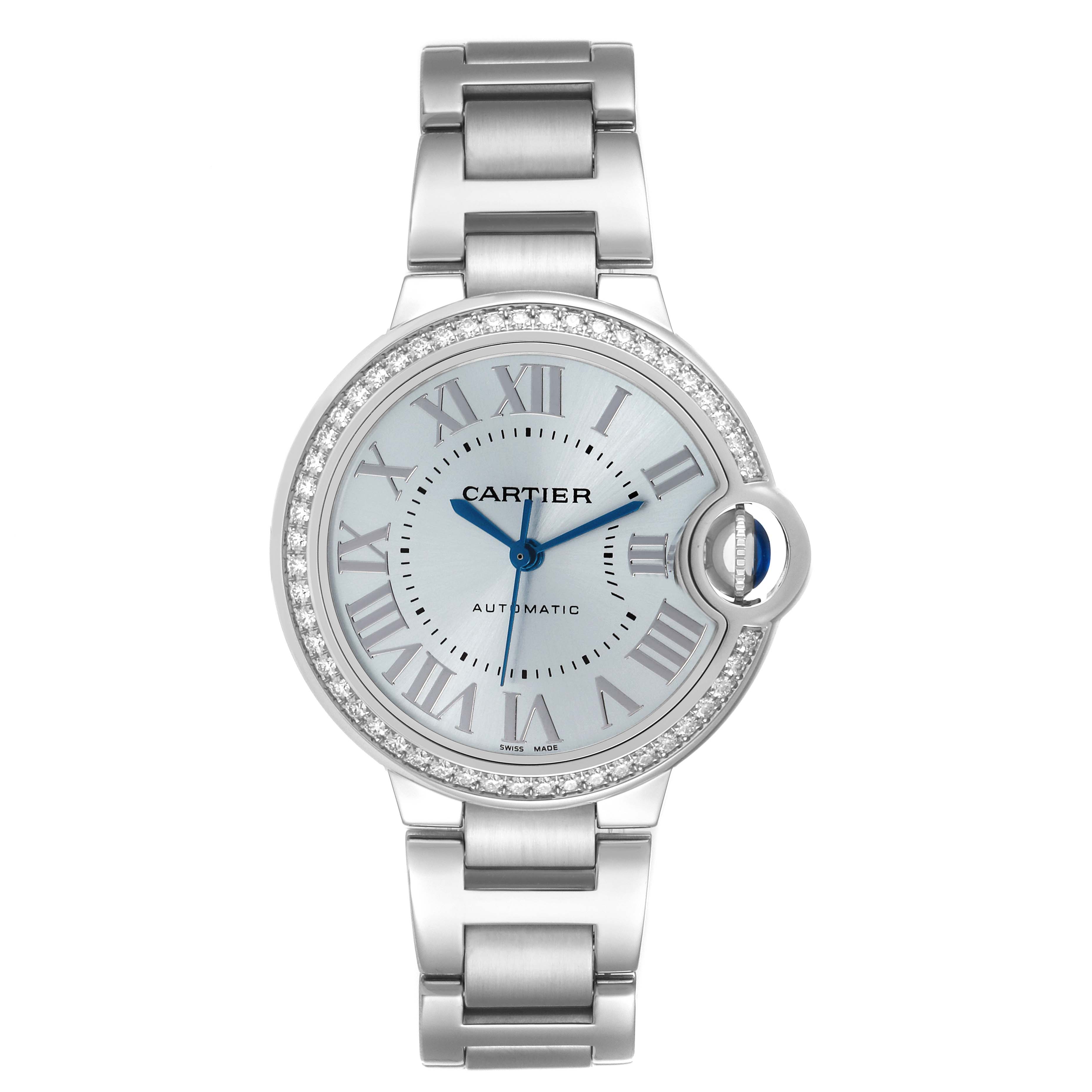 The Cartier Ballon Bleu W4BB0028 Women
s Stainless Steel Blue Dial W4BB0028 Women
s Stainless Steel Blue Dial watch is shown from the front, displaying the face, dial, and bracelet.
