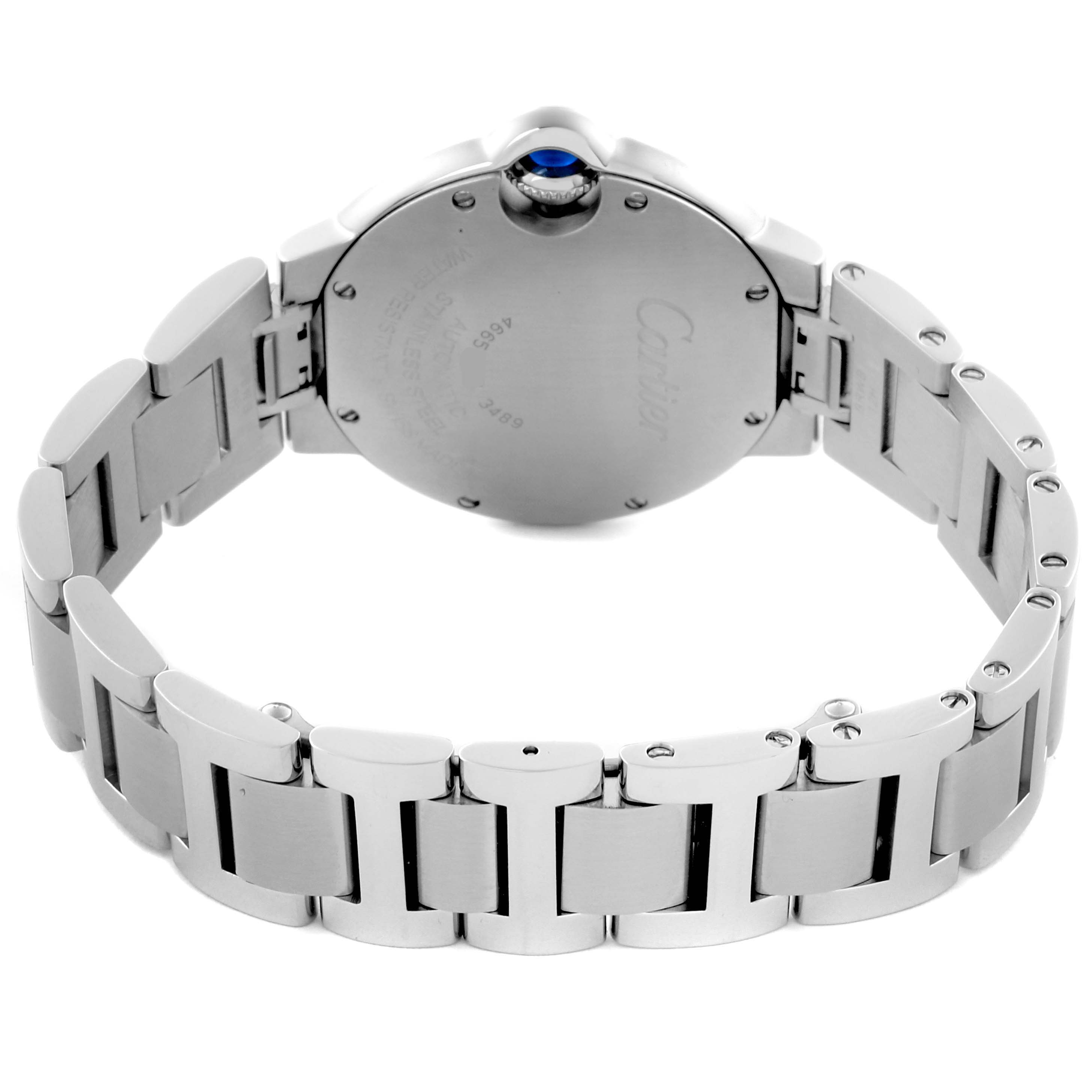 The Cartier Ballon Bleu W4BB0028 Women
s Stainless Steel Blue Dial W4BB0028 Women
s Stainless Steel Blue Dial watch is shown from the back, highlighting the bracelet and case.