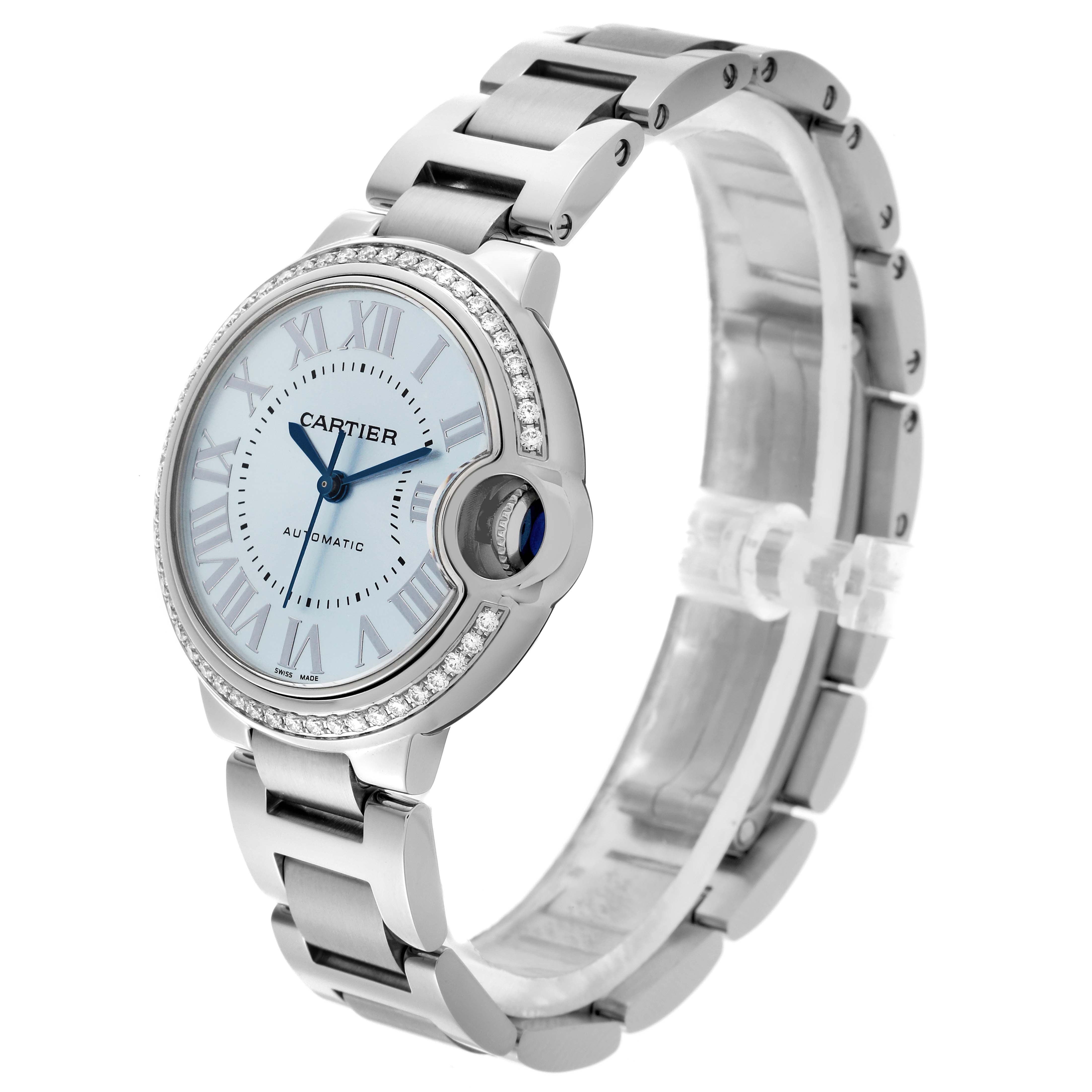 The Cartier Ballon Bleu W4BB0028 Women
s Stainless Steel Blue Dial W4BB0028 Women
s Stainless Steel Blue Dial watch is shown at a side angle, displaying the face, bracelet, and signature crown.
