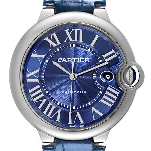 The image shows a front view of the Cartier Ballon Bleu watch, highlighting the dial, bezel, and crown.