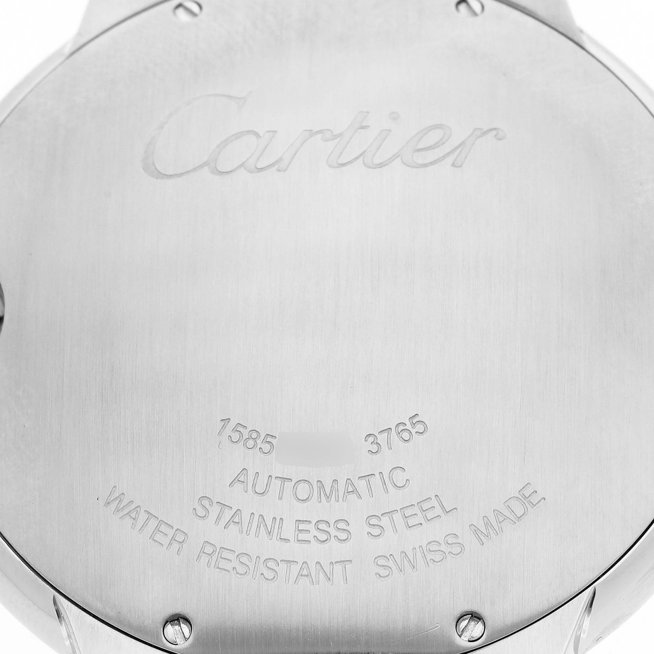 The image shows the back case of a Cartier Ballon Bleu WSBB0027 Men's Stainless Steel Blue Dial WSBB0027 Men's Stainless Steel Blue Dial watch, highlighting the brand engraving and specifications.