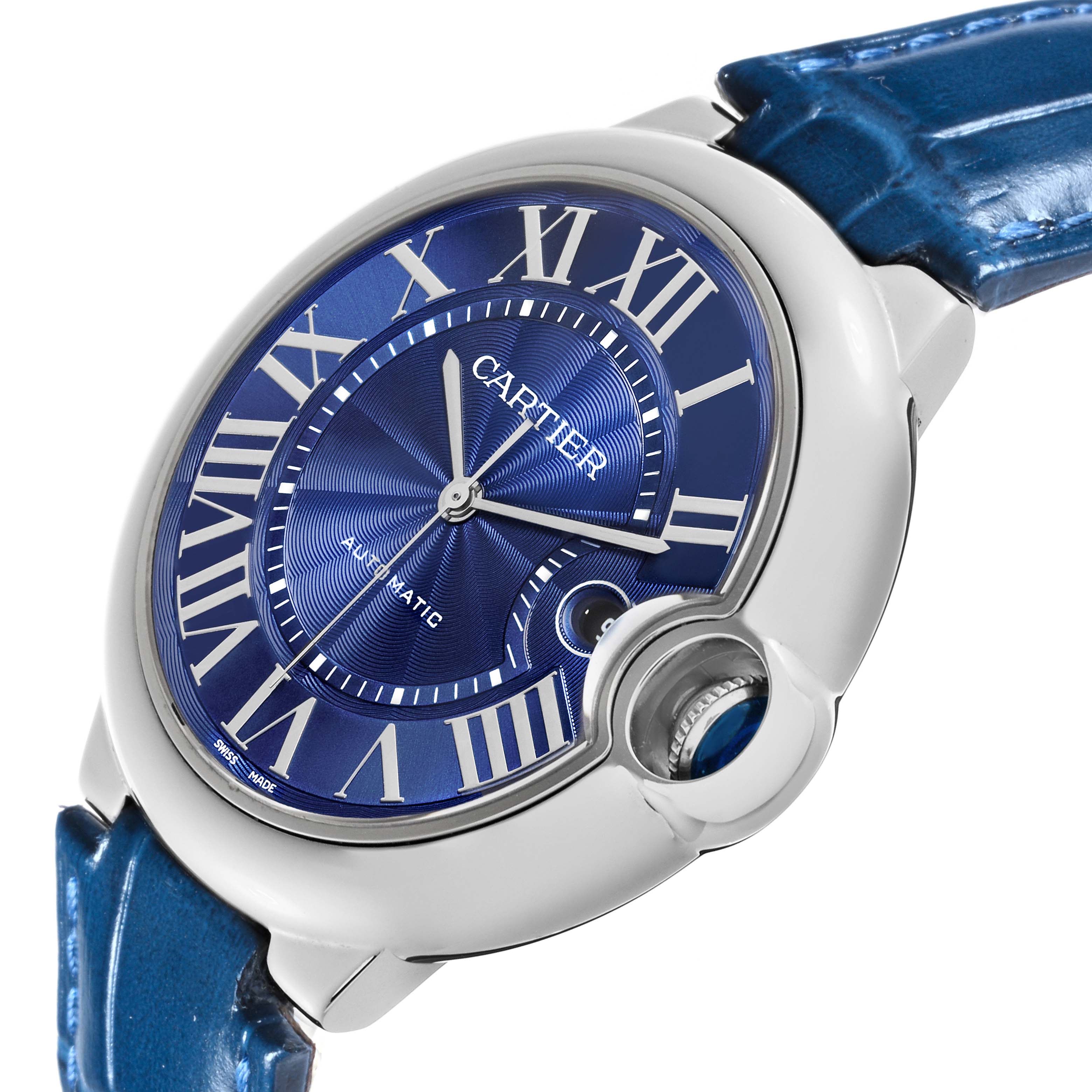 The Cartier Ballon Bleu WSBB0027 Men's Stainless Steel Blue Dial WSBB0027 Men's Stainless Steel Blue Dial watch is shown at an angled close-up, highlighting the blue dial, Roman numerals, and metal case.