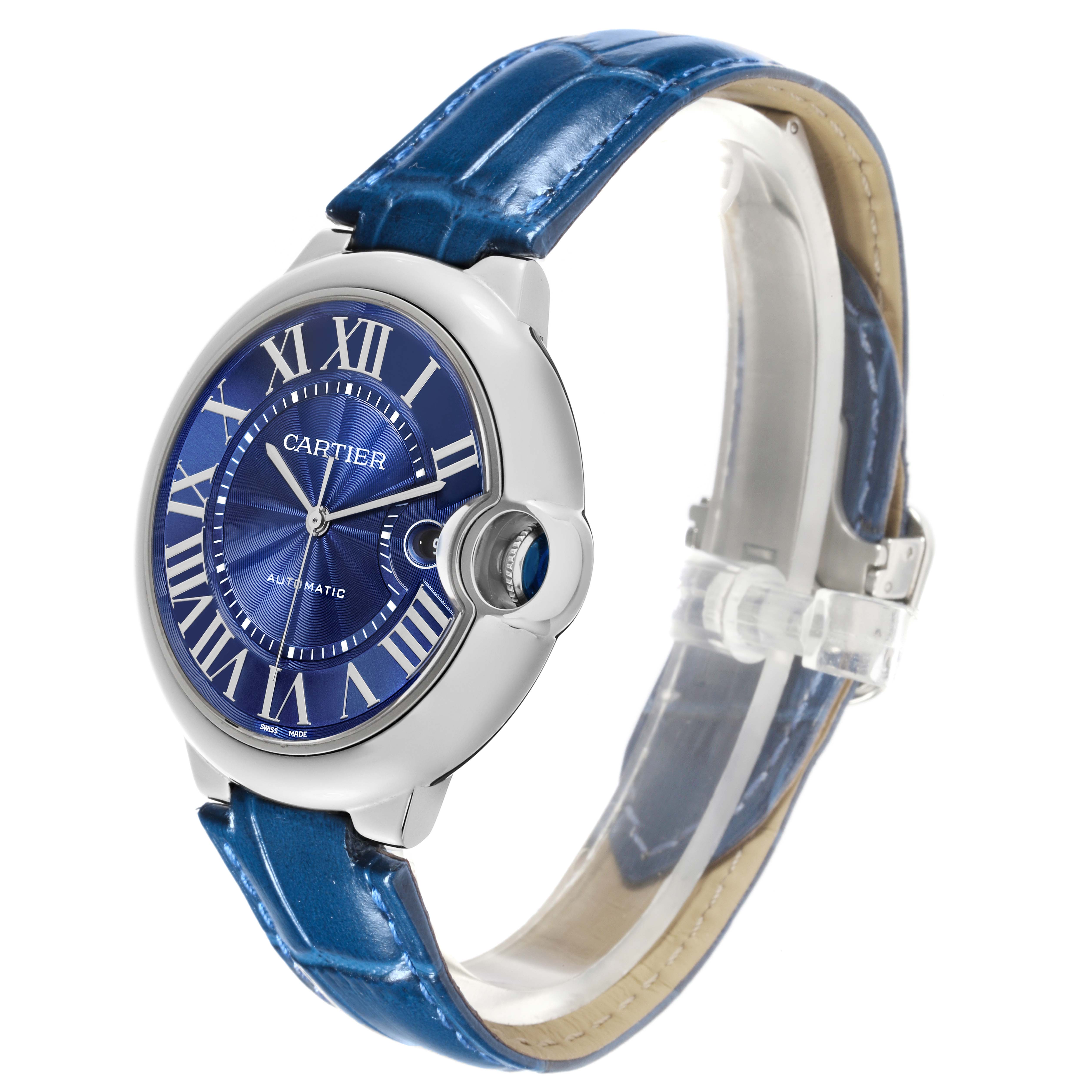 The Cartier Ballon Bleu WSBB0027 Men's Stainless Steel Blue Dial WSBB0027 Men's Stainless Steel Blue Dial watch is shown from a side angle, highlighting the face, blue strap, and crown.