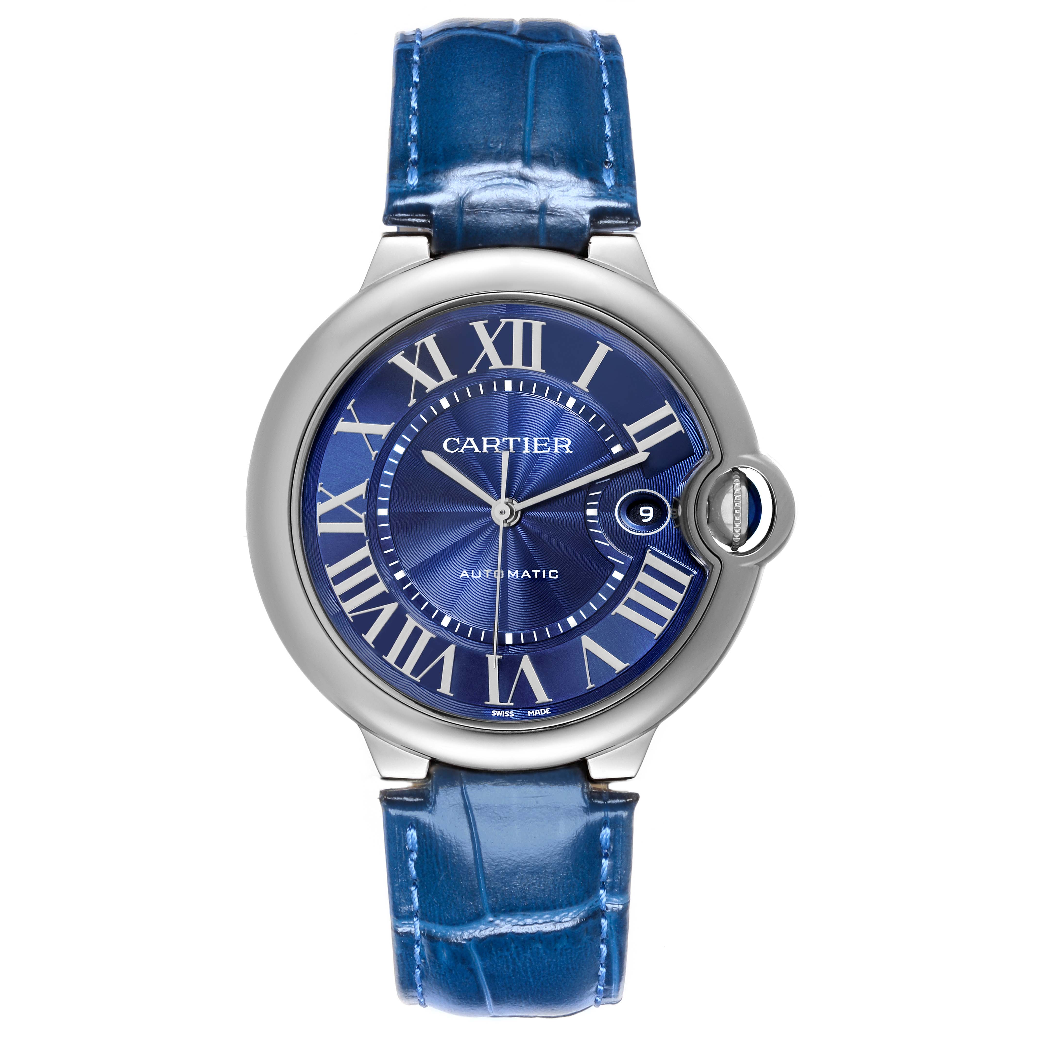 The Cartier Ballon Bleu WSBB0027 Men's Stainless Steel Blue Dial WSBB0027 Men's Stainless Steel Blue Dial watch is shown from a front view, highlighting its blue dial, Roman numerals, and metal casing.