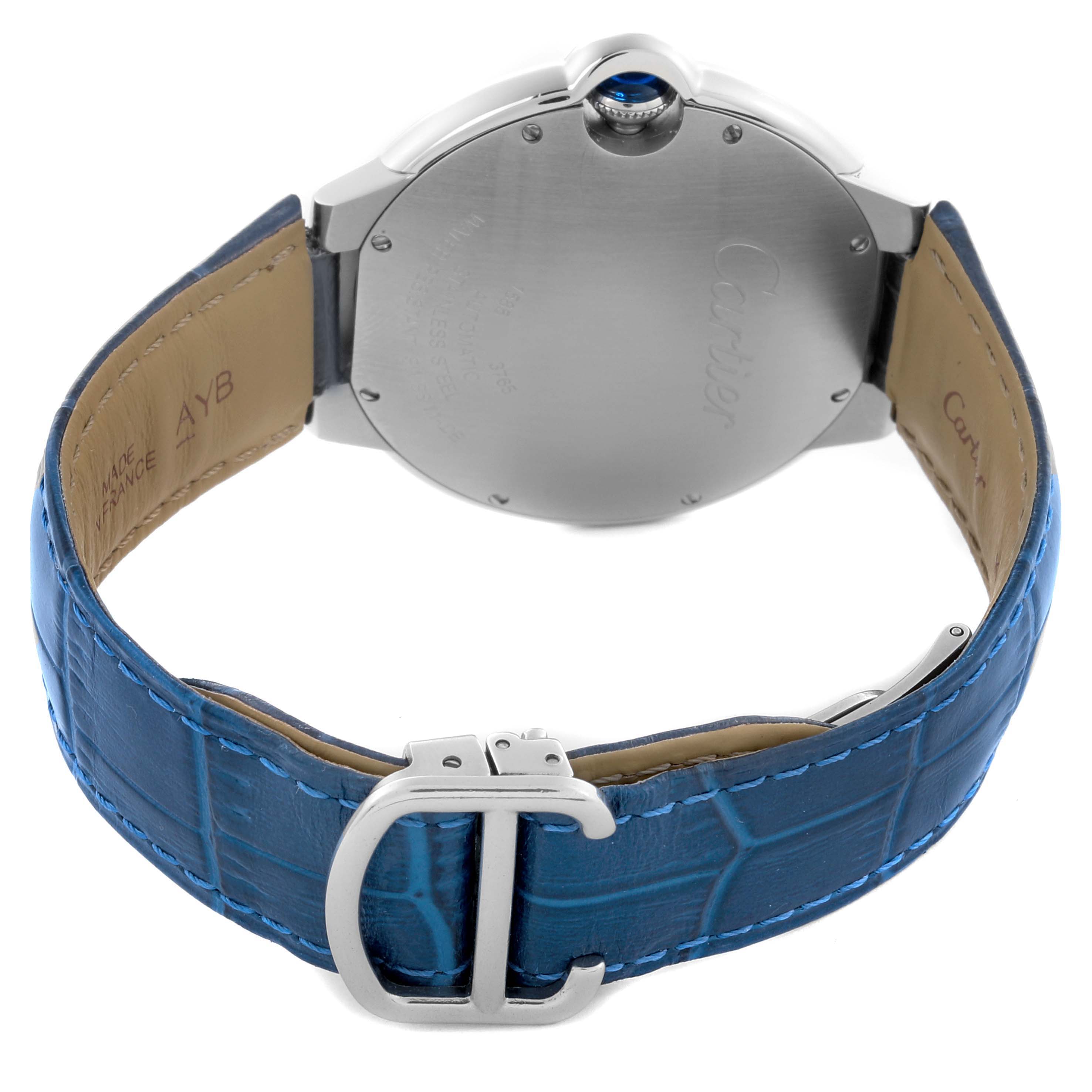 The Cartier Ballon Bleu WSBB0027 Men's Stainless Steel Blue Dial WSBB0027 Men's Stainless Steel Blue Dial watch is shown from the back, highlighting its case back and blue leather strap with a buckle.
