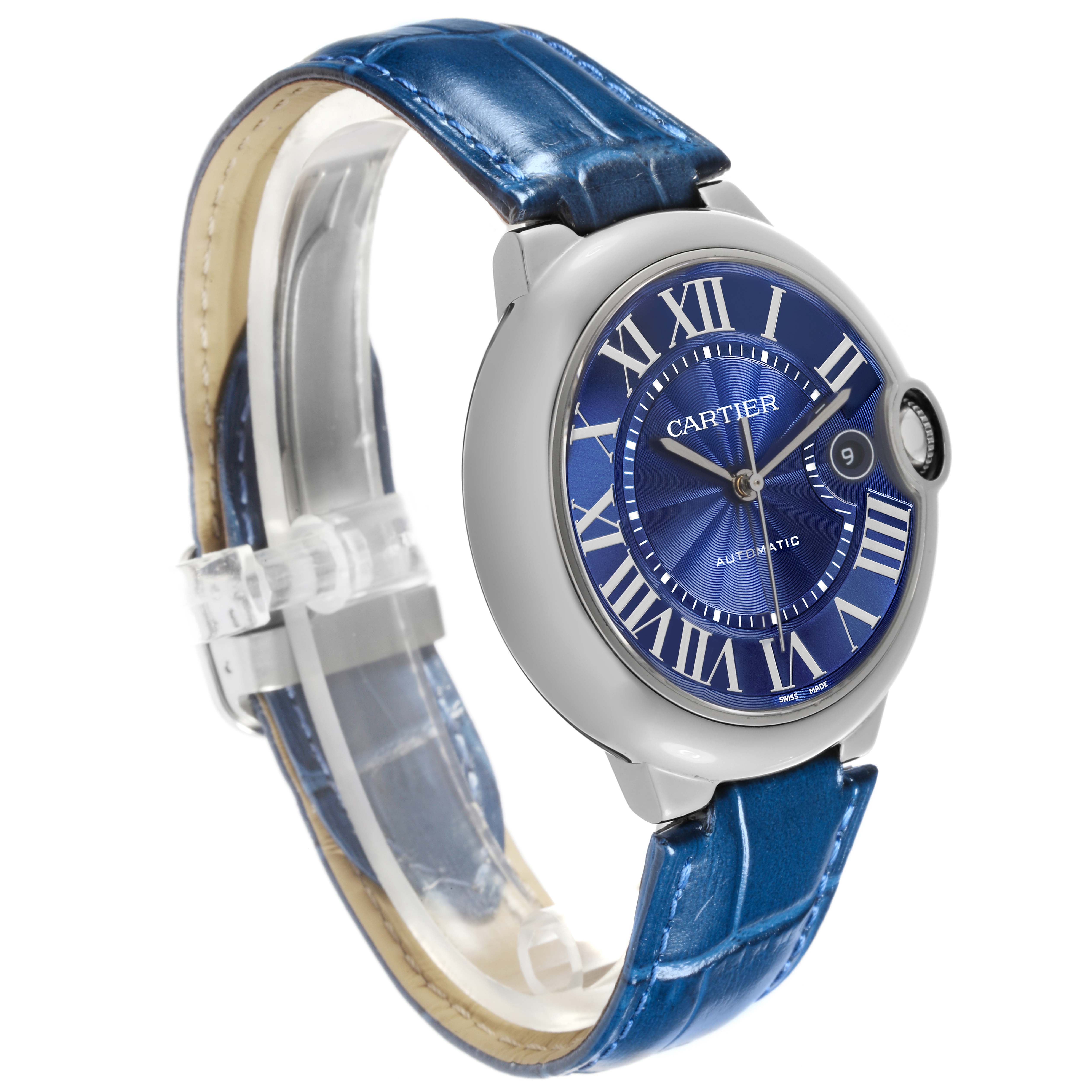 The Cartier Ballon Bleu WSBB0027 Men's Stainless Steel Blue Dial WSBB0027 Men's Stainless Steel Blue Dial watch is shown at a slight side angle, showcasing its blue dial, Roman numerals, and leather strap.