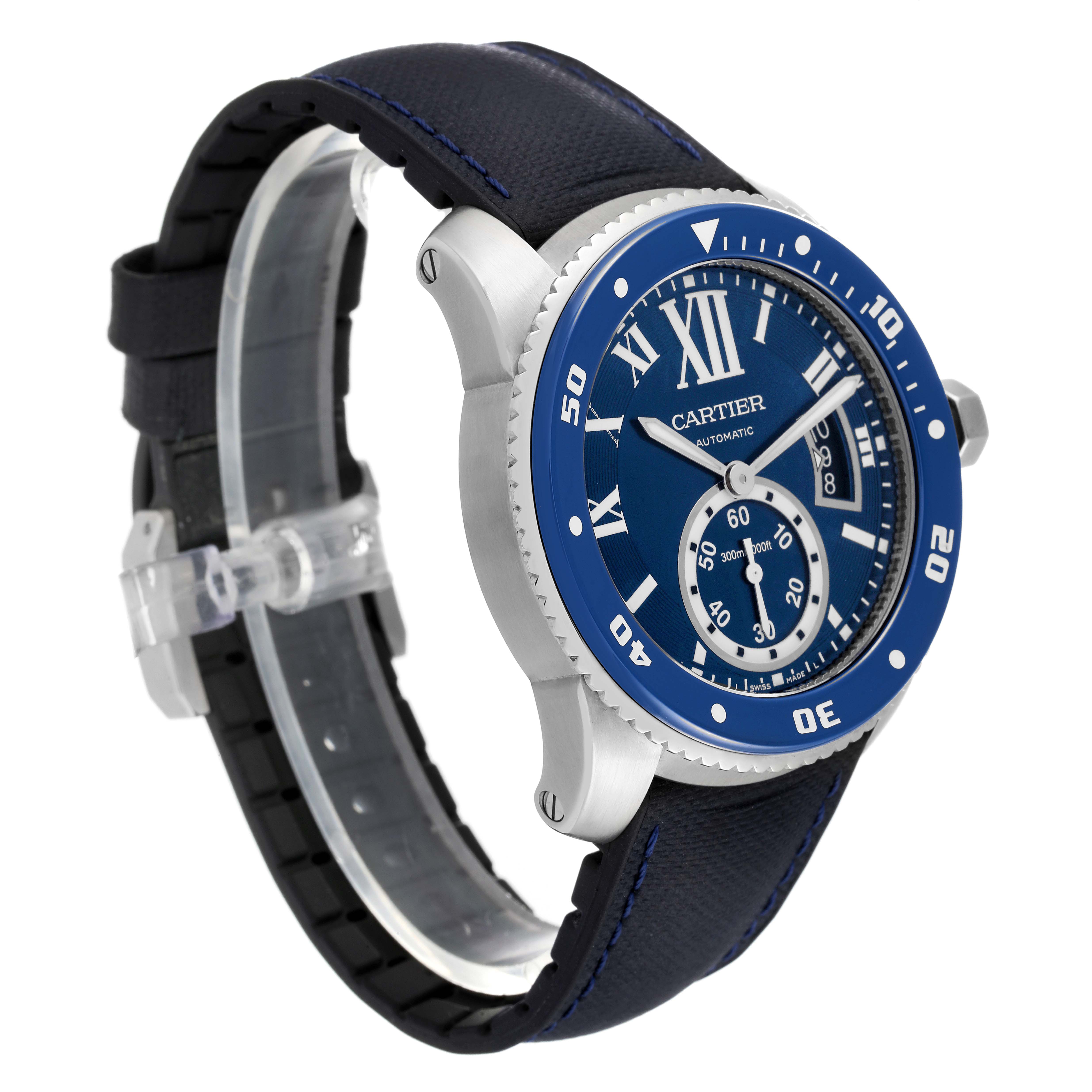 The image shows a side angle of the Calibre de Cartier watch by Cartier, highlighting the blue dial, bezel, and strap.