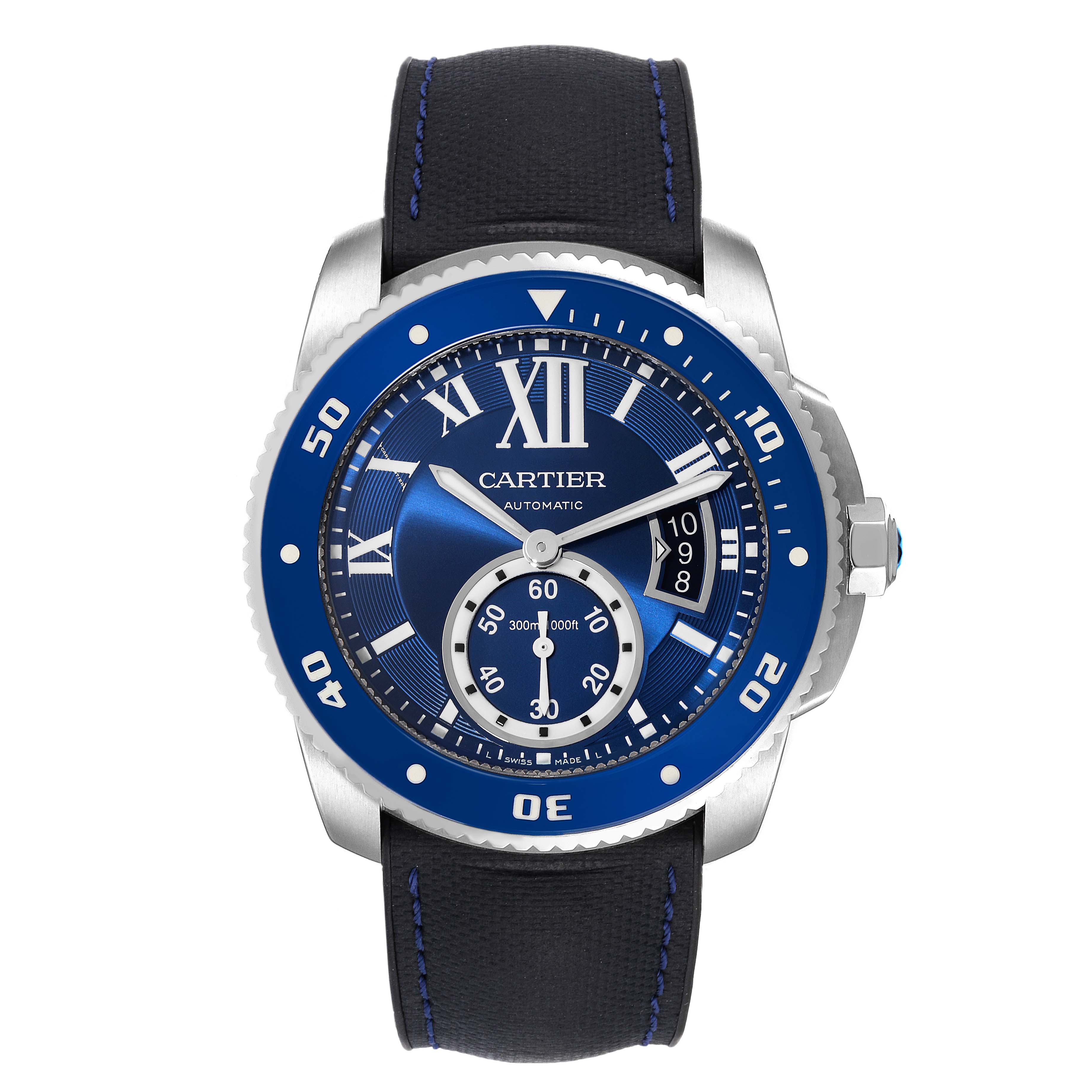 This image shows a frontal view of the Calibre de Cartier watch by Cartier, highlighting the blue dial, bezel, and strap.