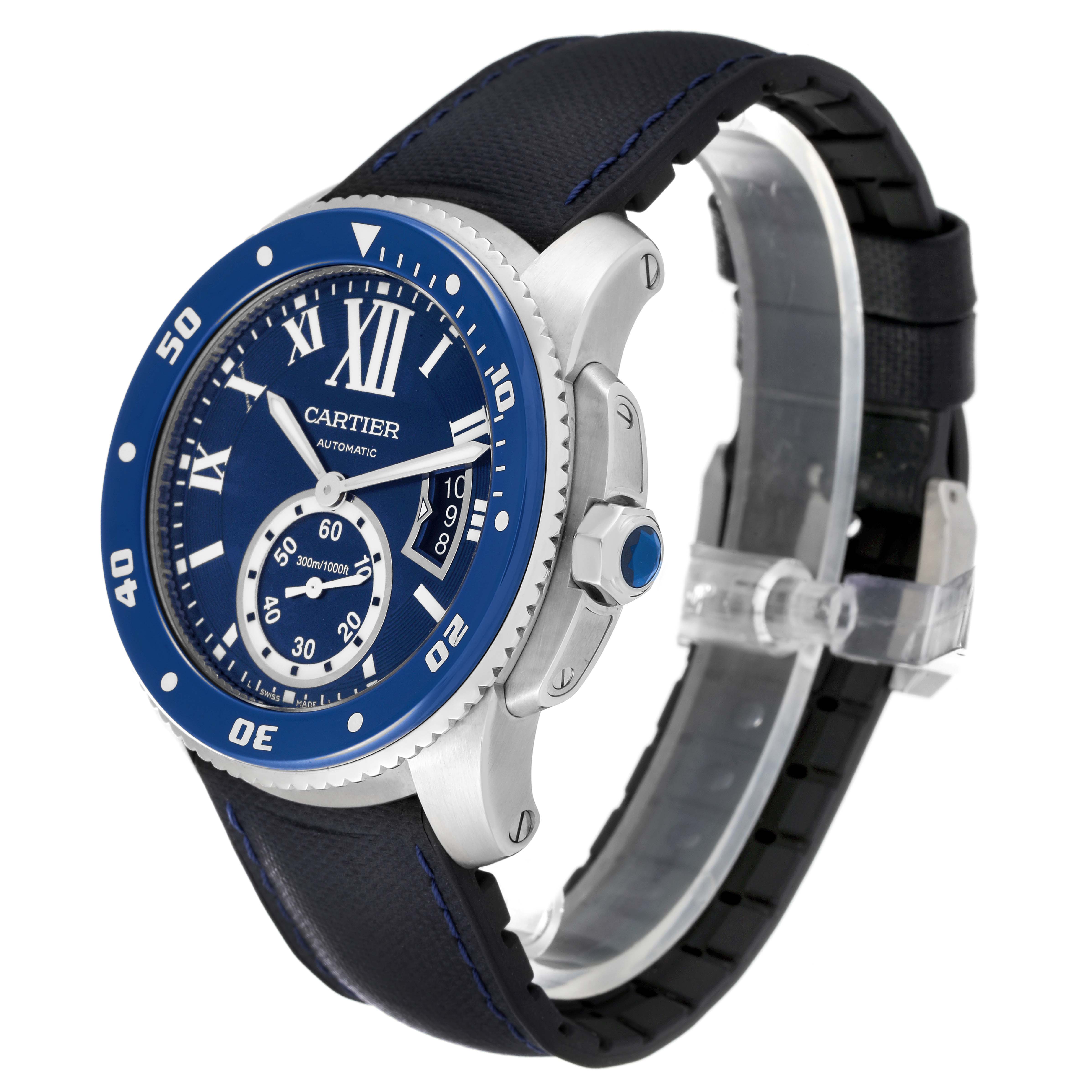 This image shows a side angle of the Calibre de Cartier watch by Cartier, highlighting the face, bezel, crown, and strap.