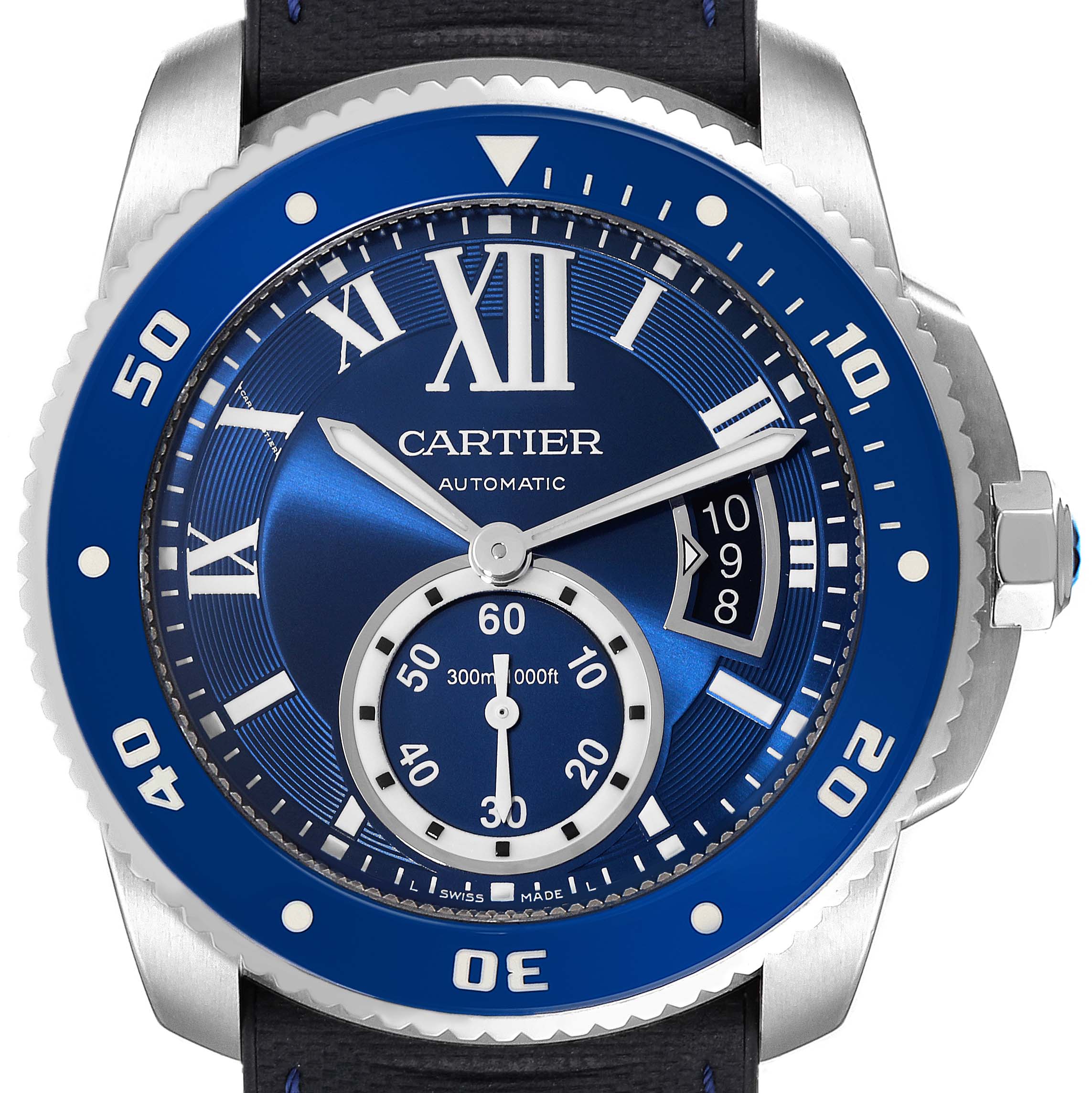 The Calibre de Cartier watch by Cartier is shown from a front angle displaying its blue dial, bezel, and hands.