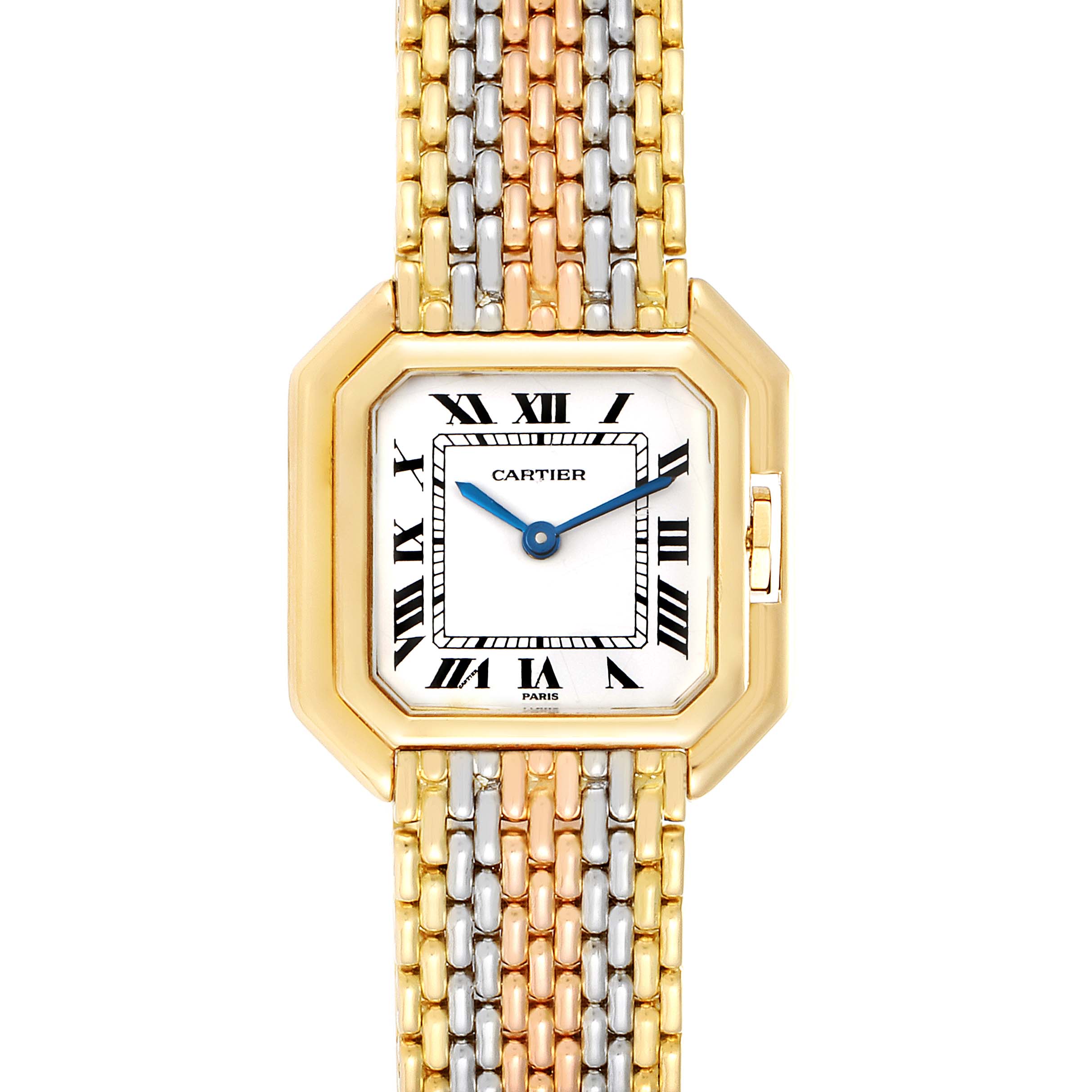 The image shows the face and part of the bracelet of the Cartier Tank Classic Women's Yellow Gold White Dial Women's Yellow Gold White Dial watch from a top-down angle.