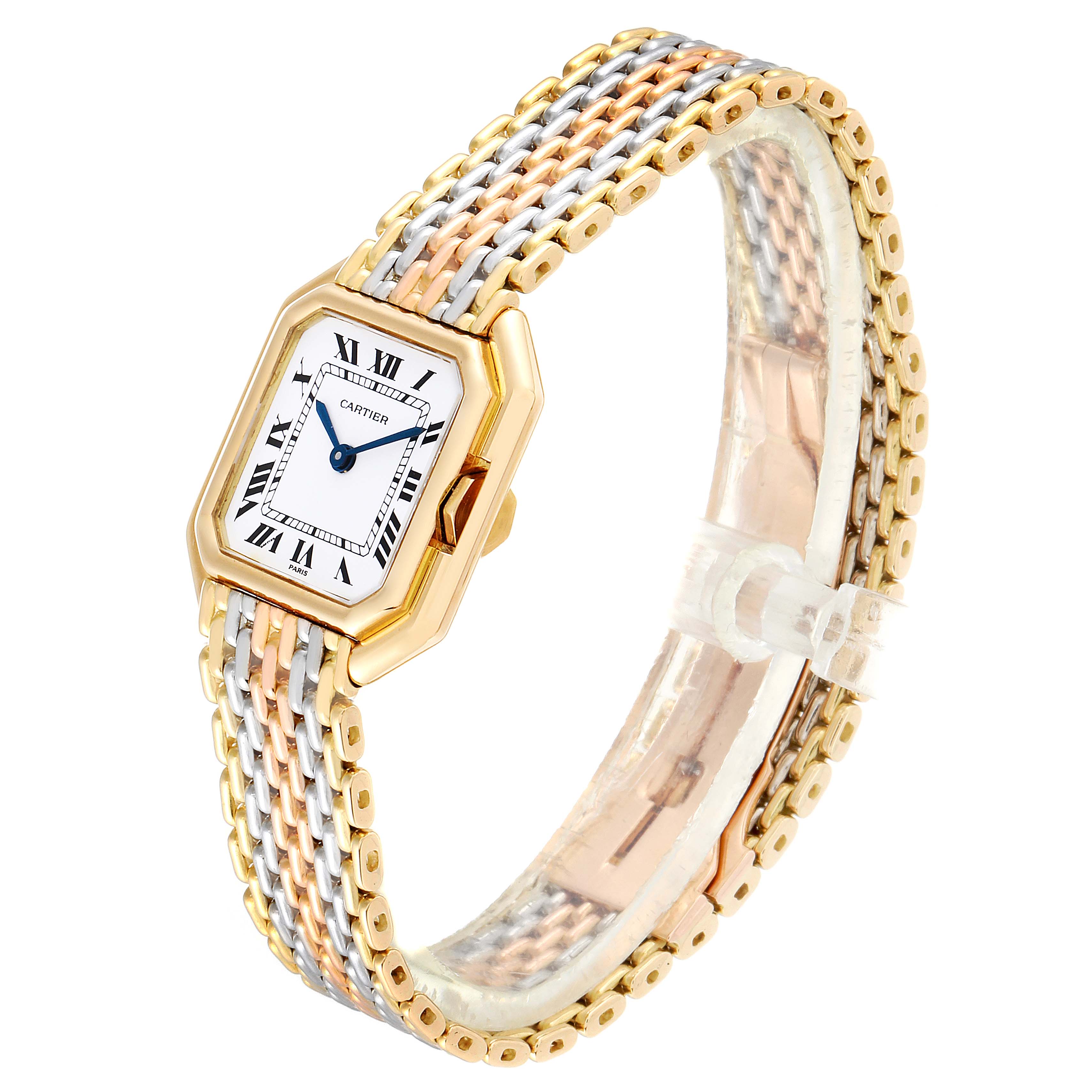 This image shows a Cartier Tank Classic Women's Yellow Gold White Dial Women's Yellow Gold White Dial watch from a side angle, highlighting its gold case and multi-tone metal bracelet.