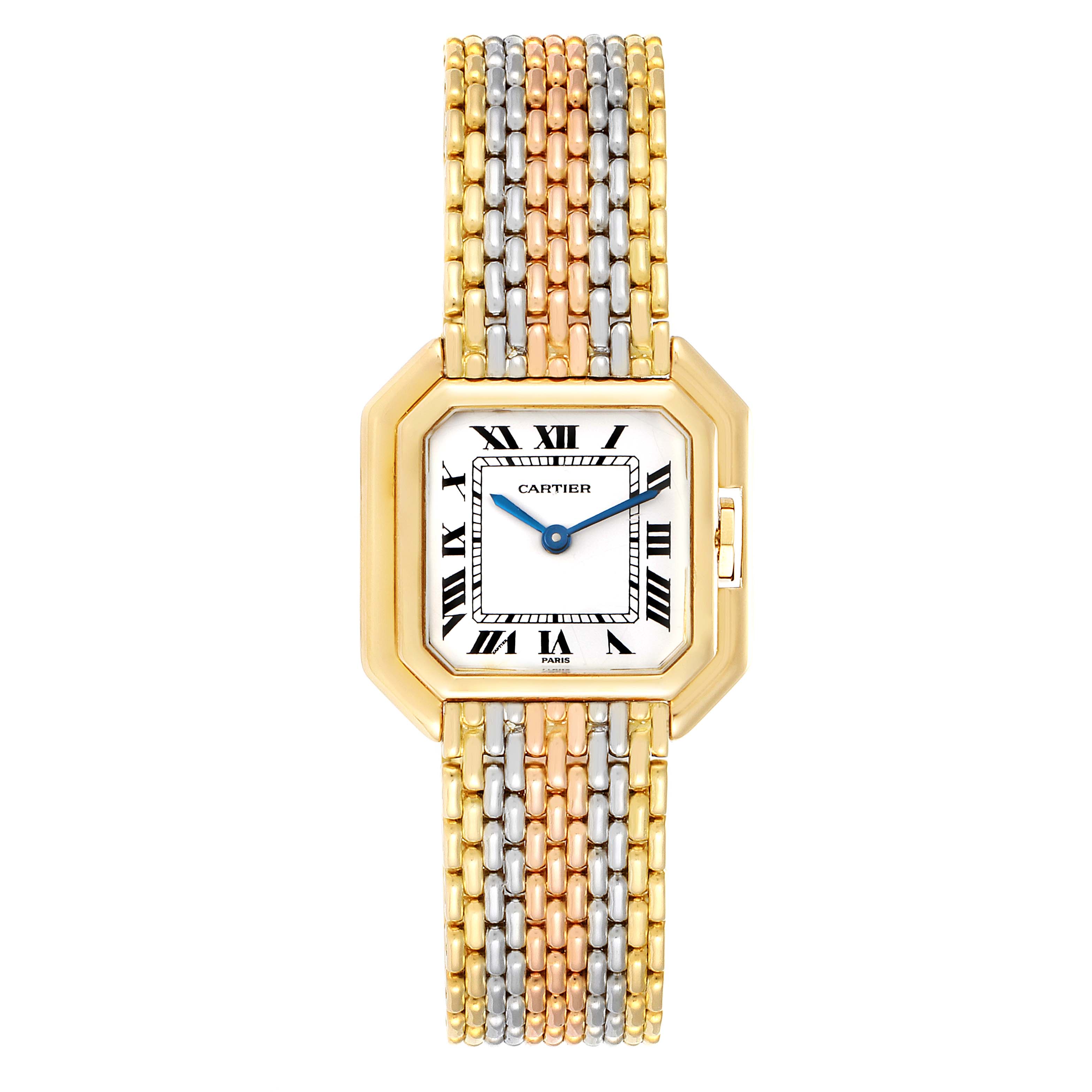 This image shows a front view of the Cartier Tank Classic Women's Yellow Gold White Dial Women's Yellow Gold White Dial watch, highlighting its face and multi-toned metal bracelet.