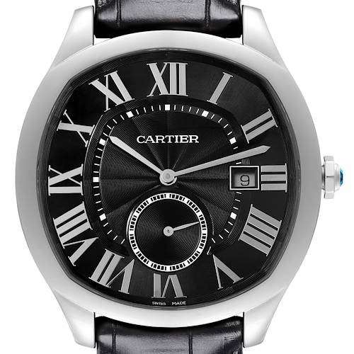 The Drive de Cartier watch is shown front-facing, displaying its black dial, Roman numerals, and date window.