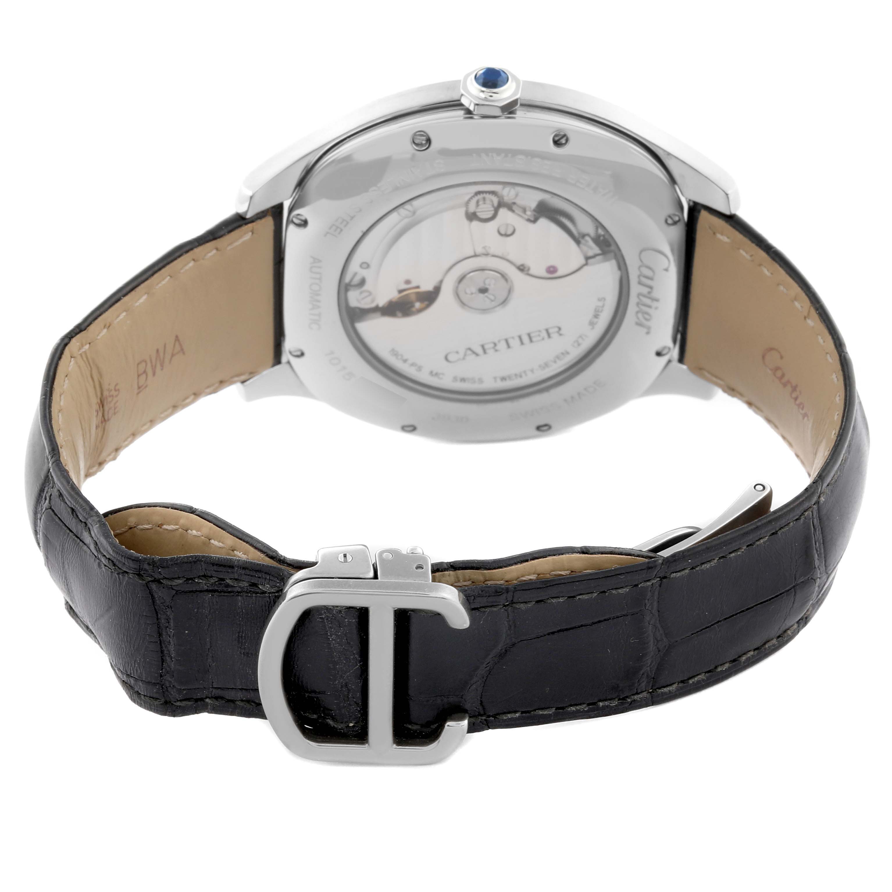 The Drive de Cartier watch is shown from the back, highlighting the transparent case back and leather strap.