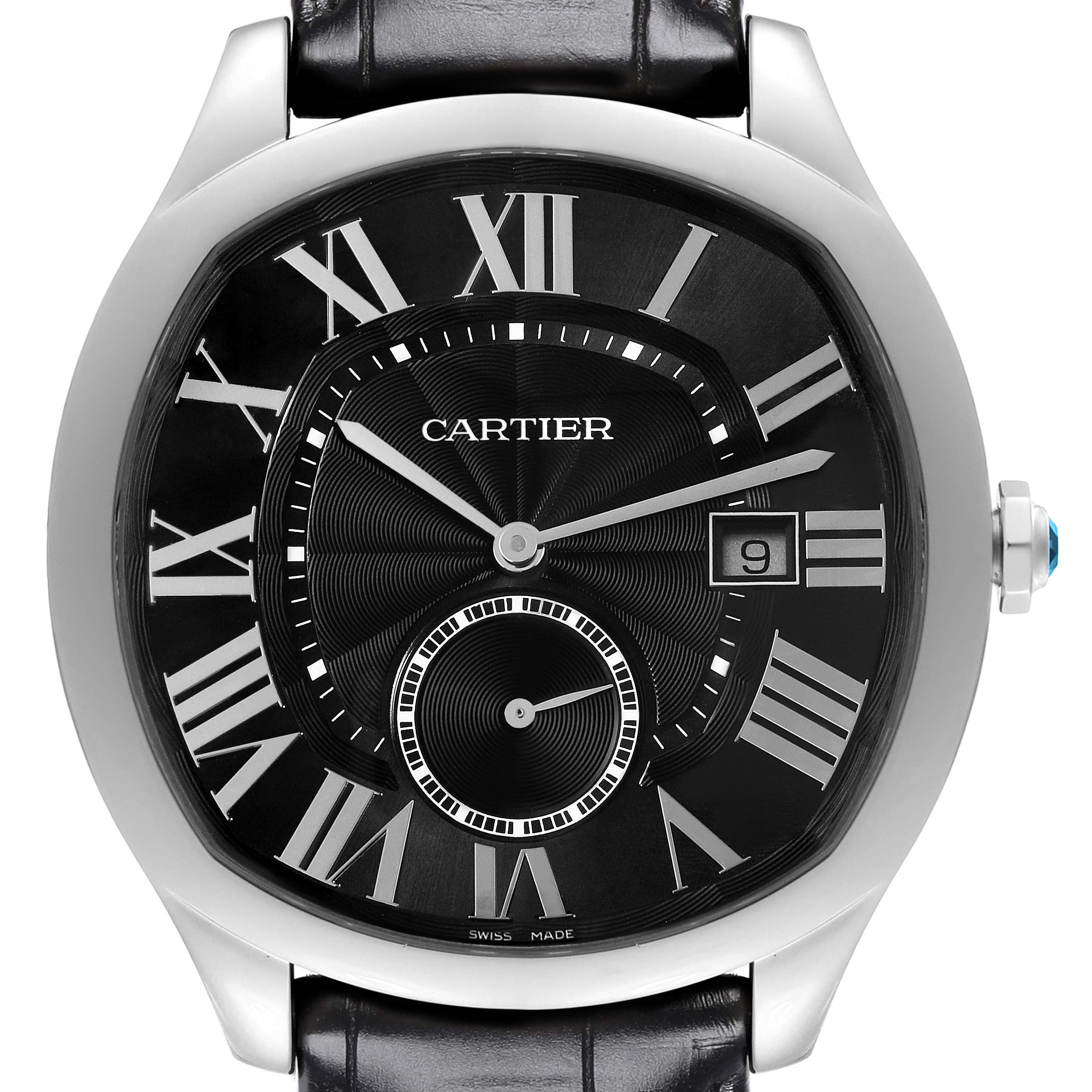 The Drive de Cartier watch is shown from a front angle, highlighting the black dial, Roman numerals, and date window.