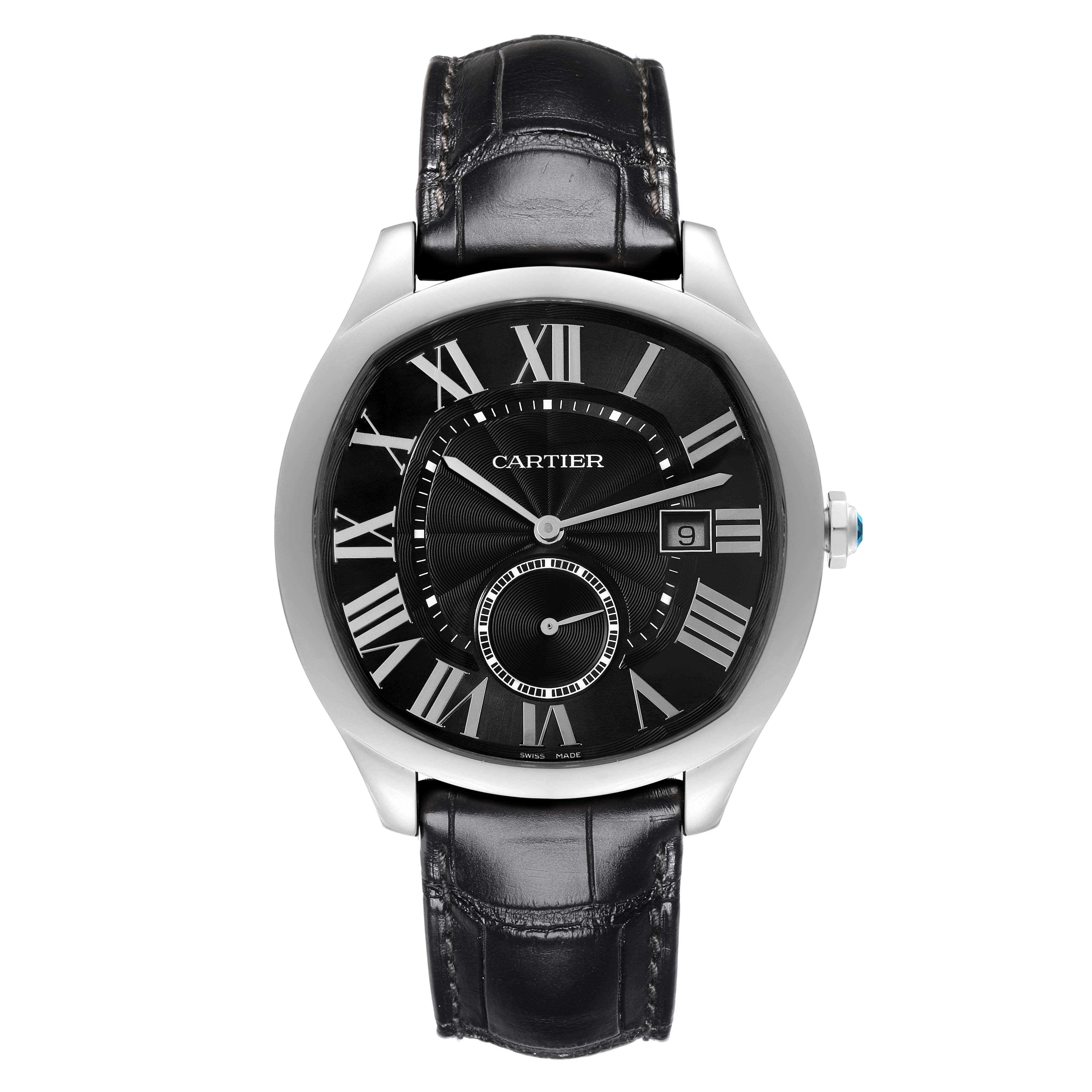 The Drive de Cartier watch is shown from a front angle, highlighting its black dial, Roman numerals, date window, and leather strap.