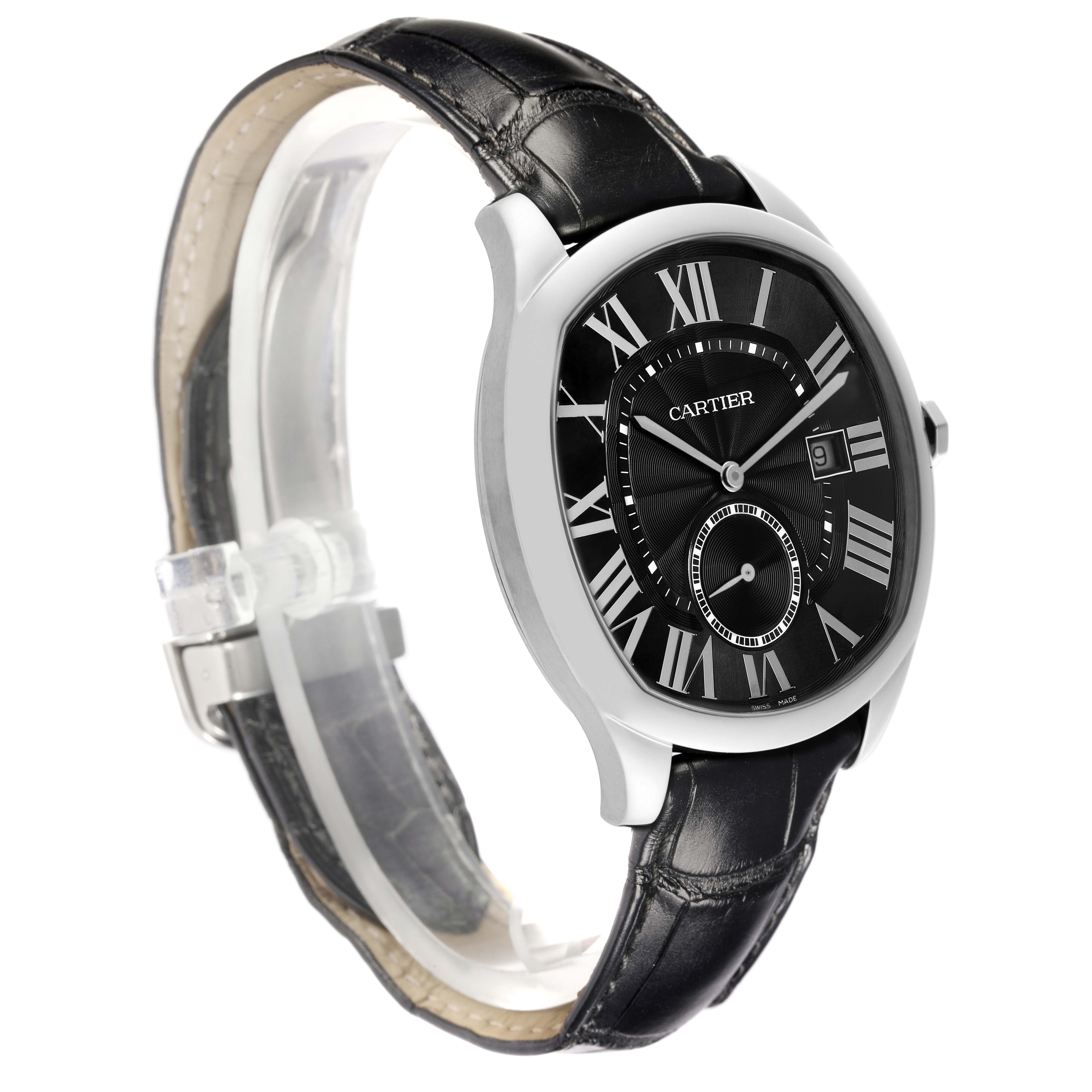 The Drive de Cartier watch is shown at an angled side view, displaying its face, Roman numerals, and leather strap.