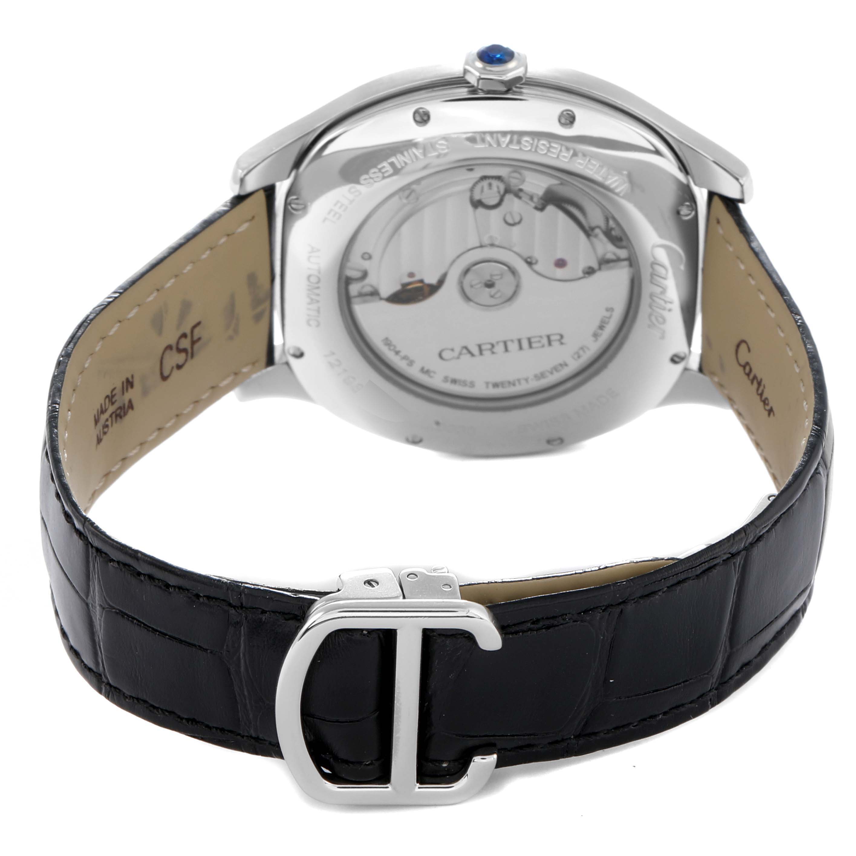 The image shows the back of a Drive de Cartier watch, highlighting the case back, internal mechanism, and black leather strap with a clasp.