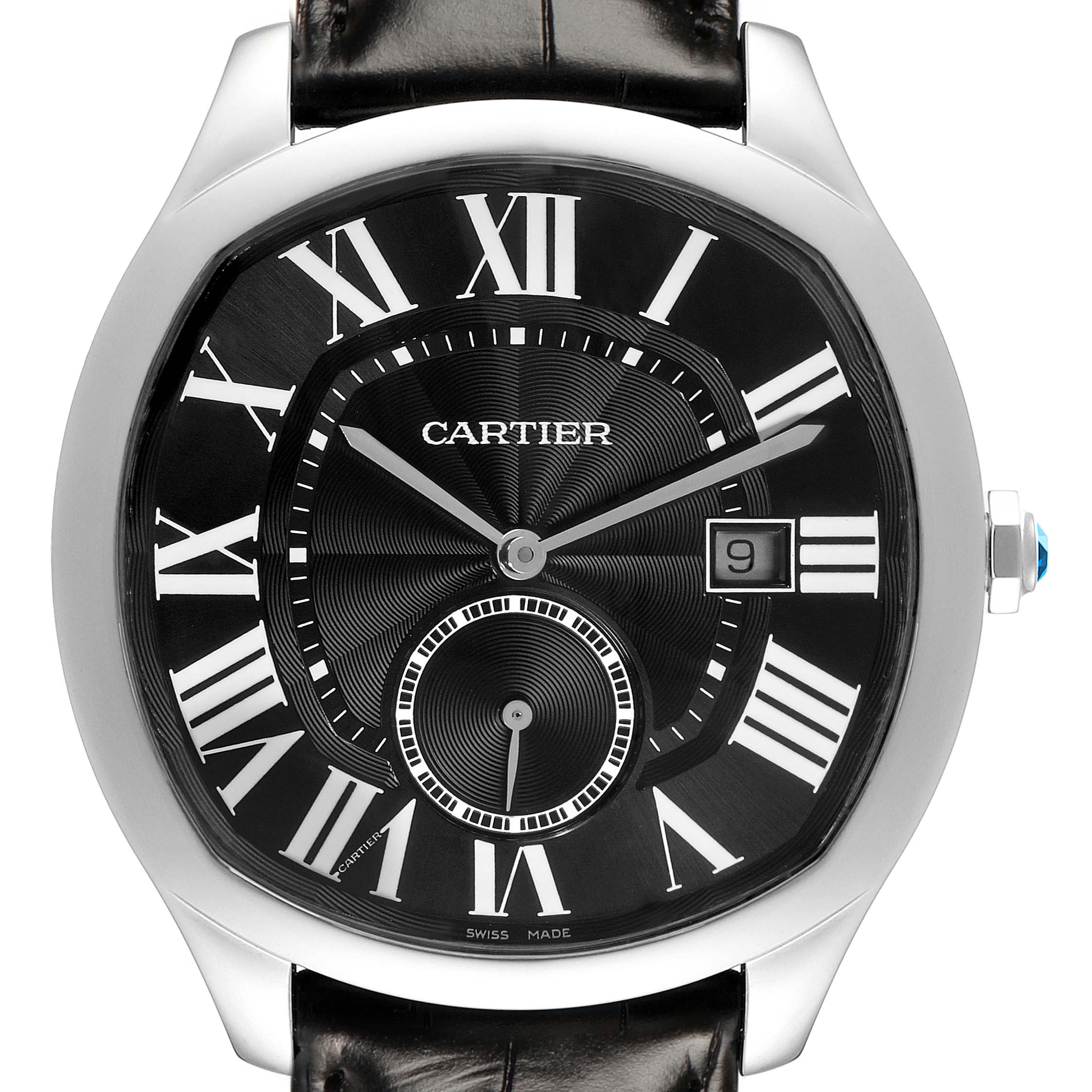 The Drive de Cartier watch is shown from a front angle, displaying its face, Roman numerals, watch hands, date window, and crown.