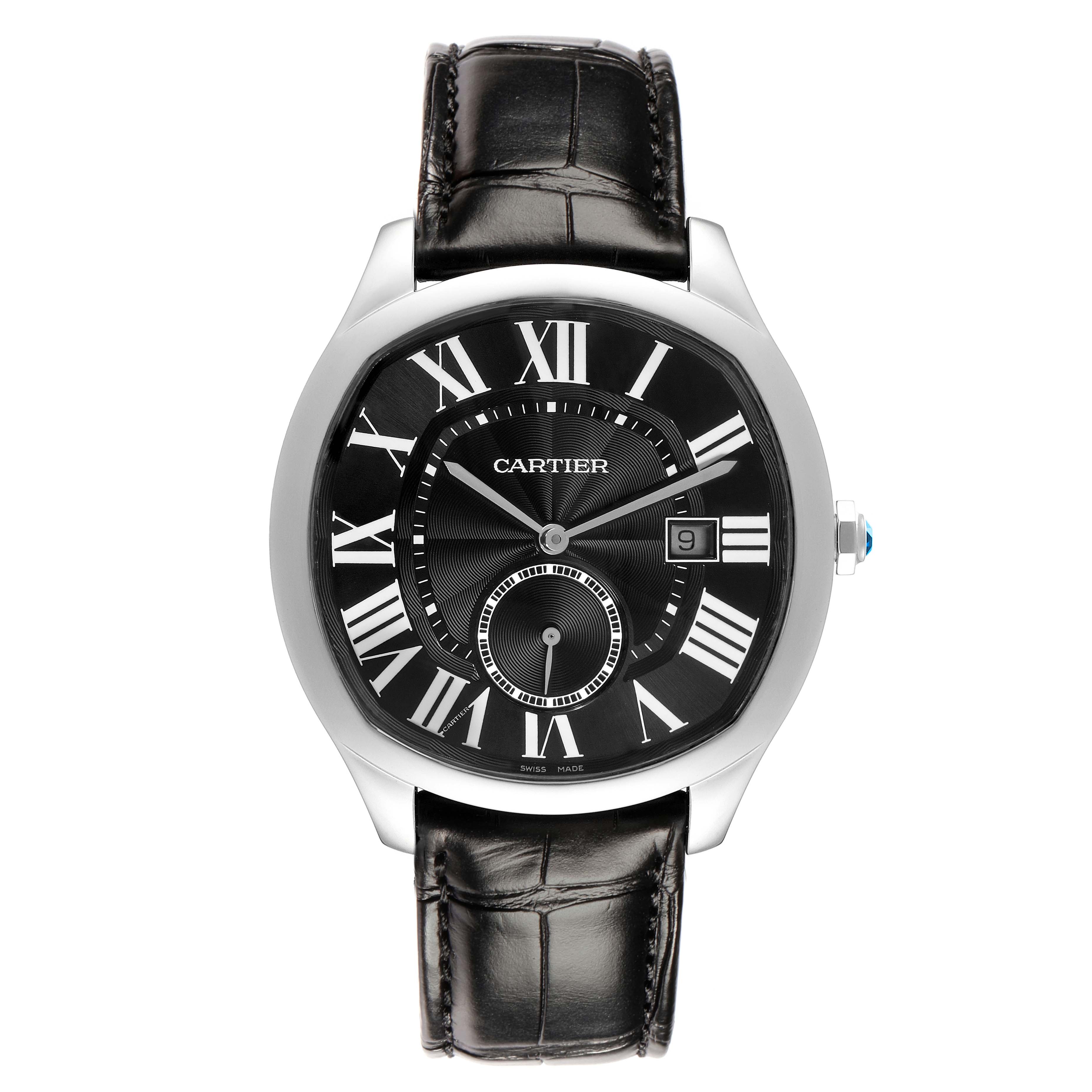The Drive de Cartier watch is shown from a front view, displaying its face, leather strap, and side crown.