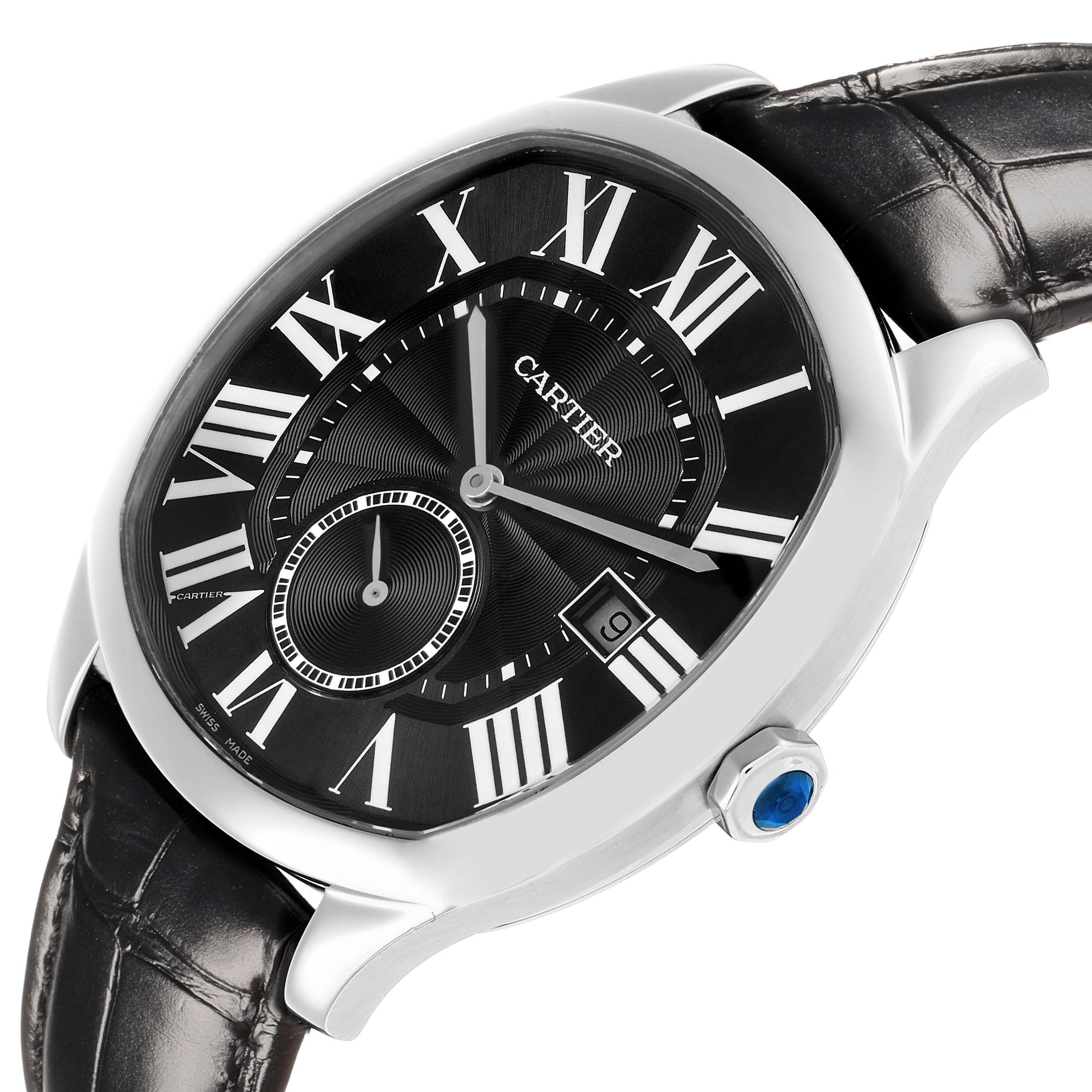 The Drive de Cartier watch is shown at an angled view, highlighting the dial, Roman numerals, and crown with a blue cabochon.