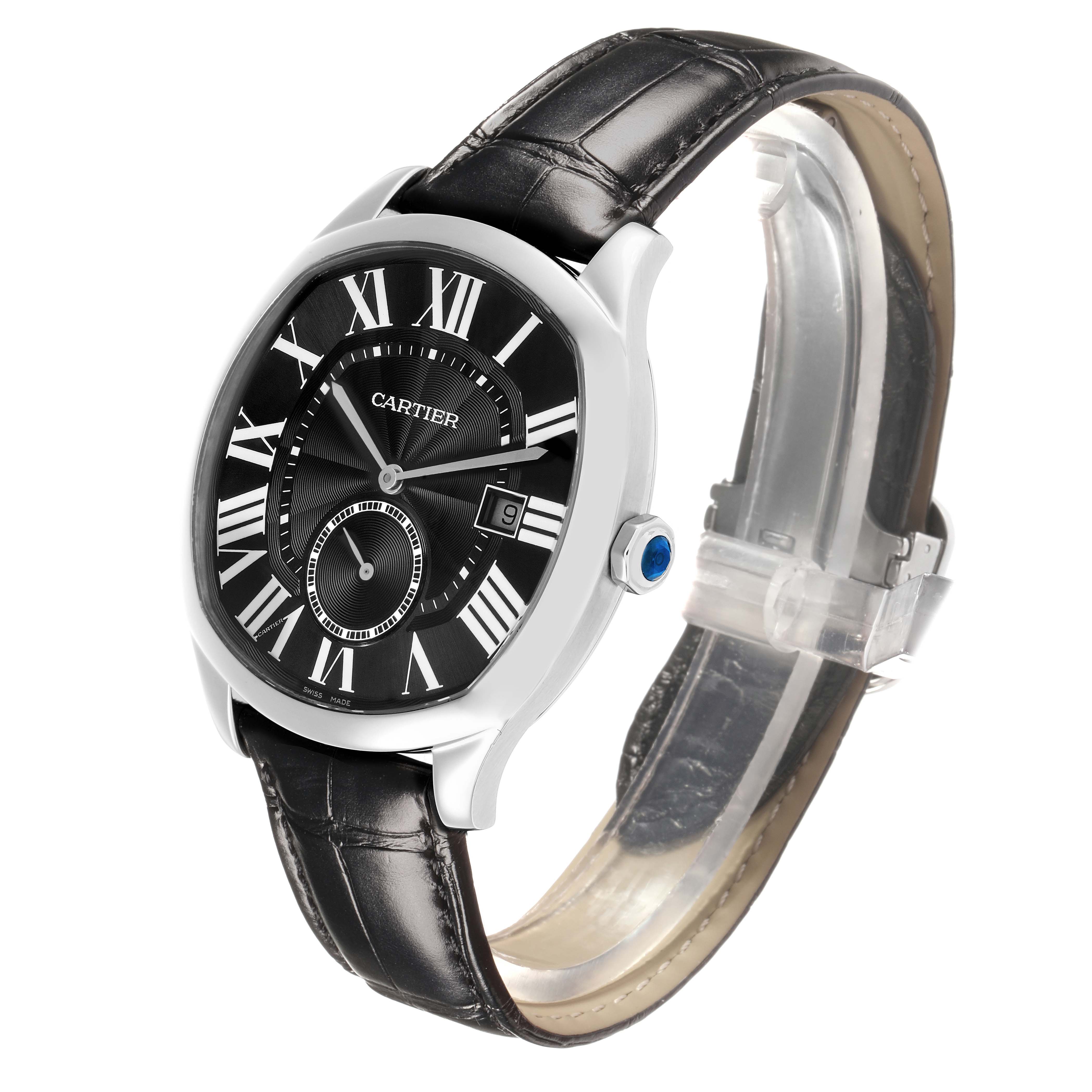 The Drive de Cartier watch is shown at a three-quarter angle, displaying the dial, strap, and crown with the Cartier logo visible.