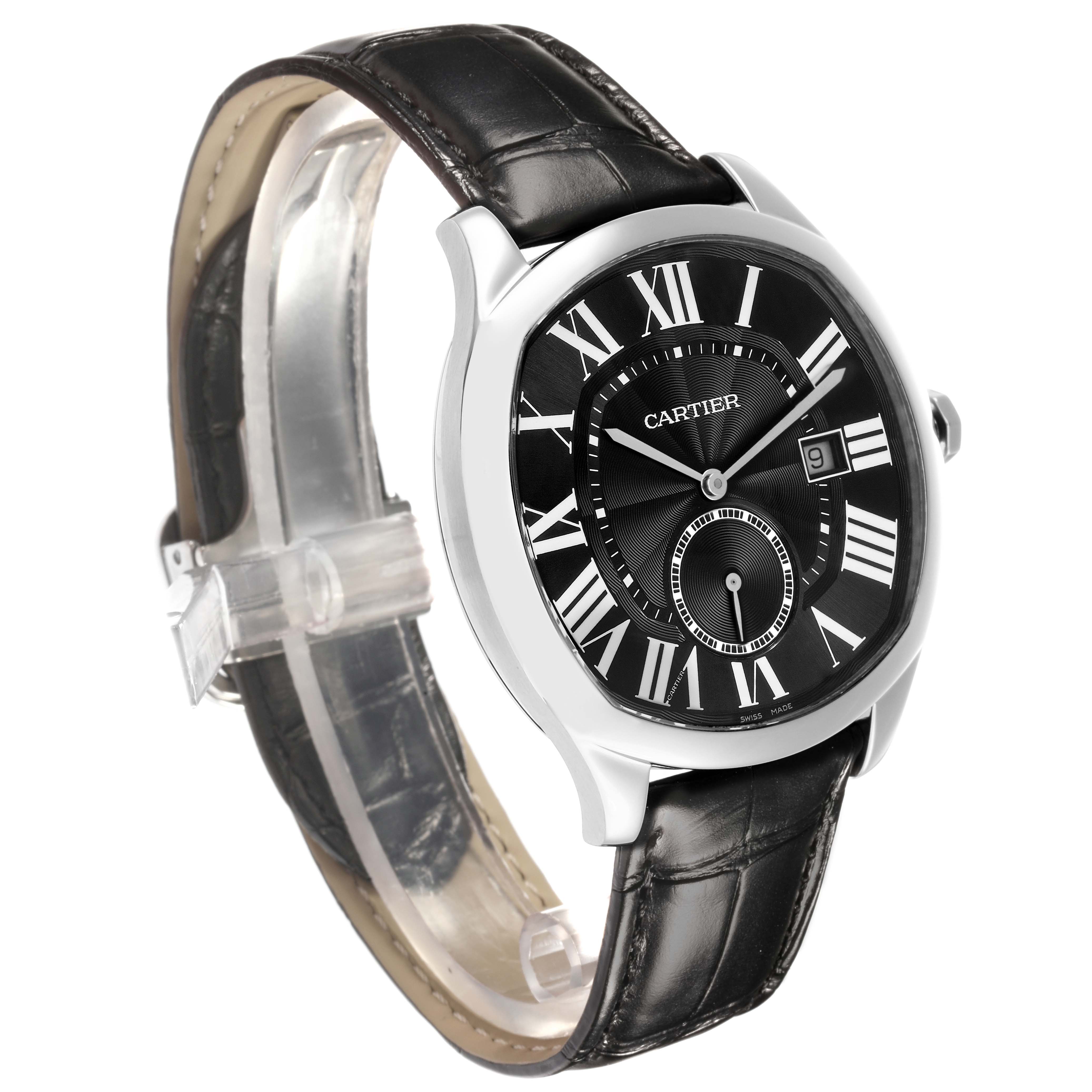 The Drive de Cartier watch is shown at a three-quarter angle, highlighting its black leather strap, silver case, and black dial with Roman numerals.