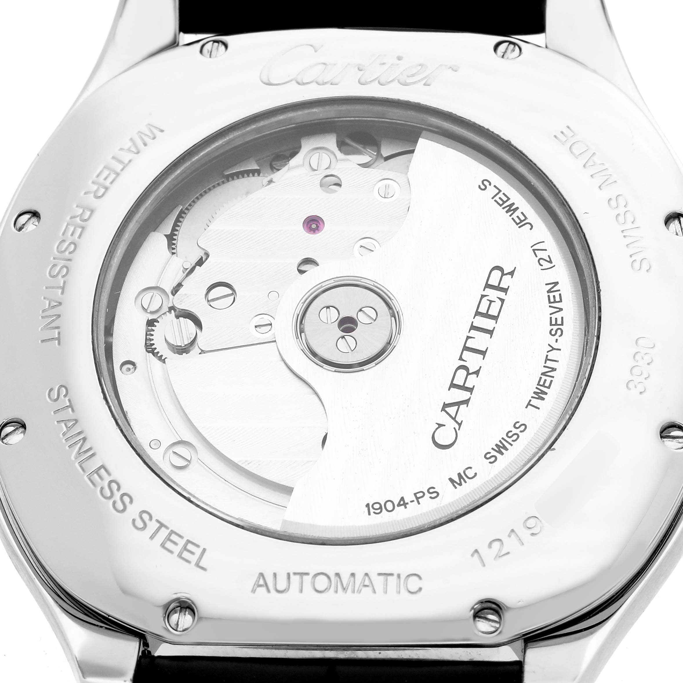 The image shows the back of a Drive de Cartier watch, highlighting its automatic movement and stainless steel case.