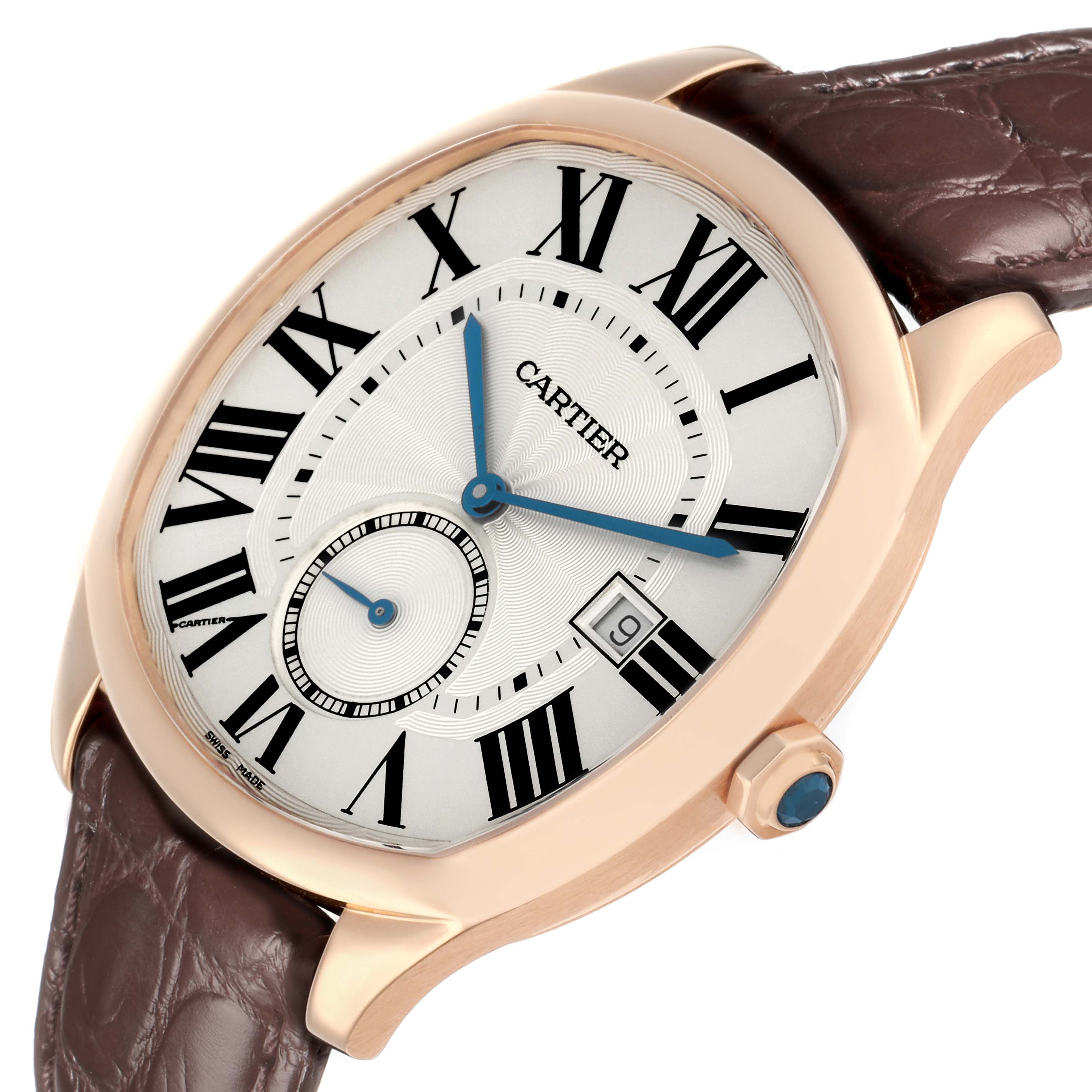 The Drive de Cartier watch is shown at a slight angle, highlighting its dial, case, crown, and leather strap.