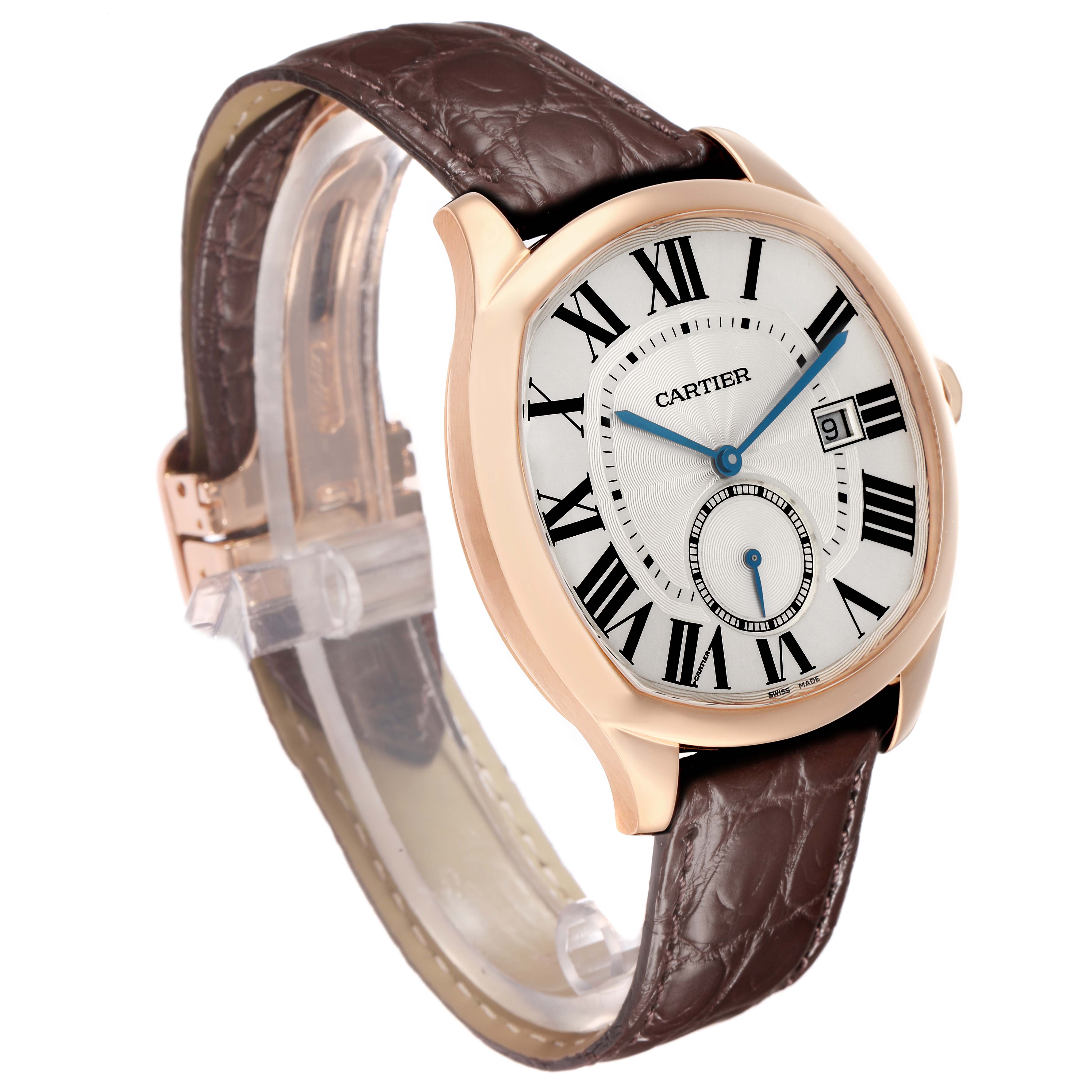 The Drive de Cartier watch is shown at an angle highlighting the face, crown, and leather strap, with visible Roman numerals and date display.