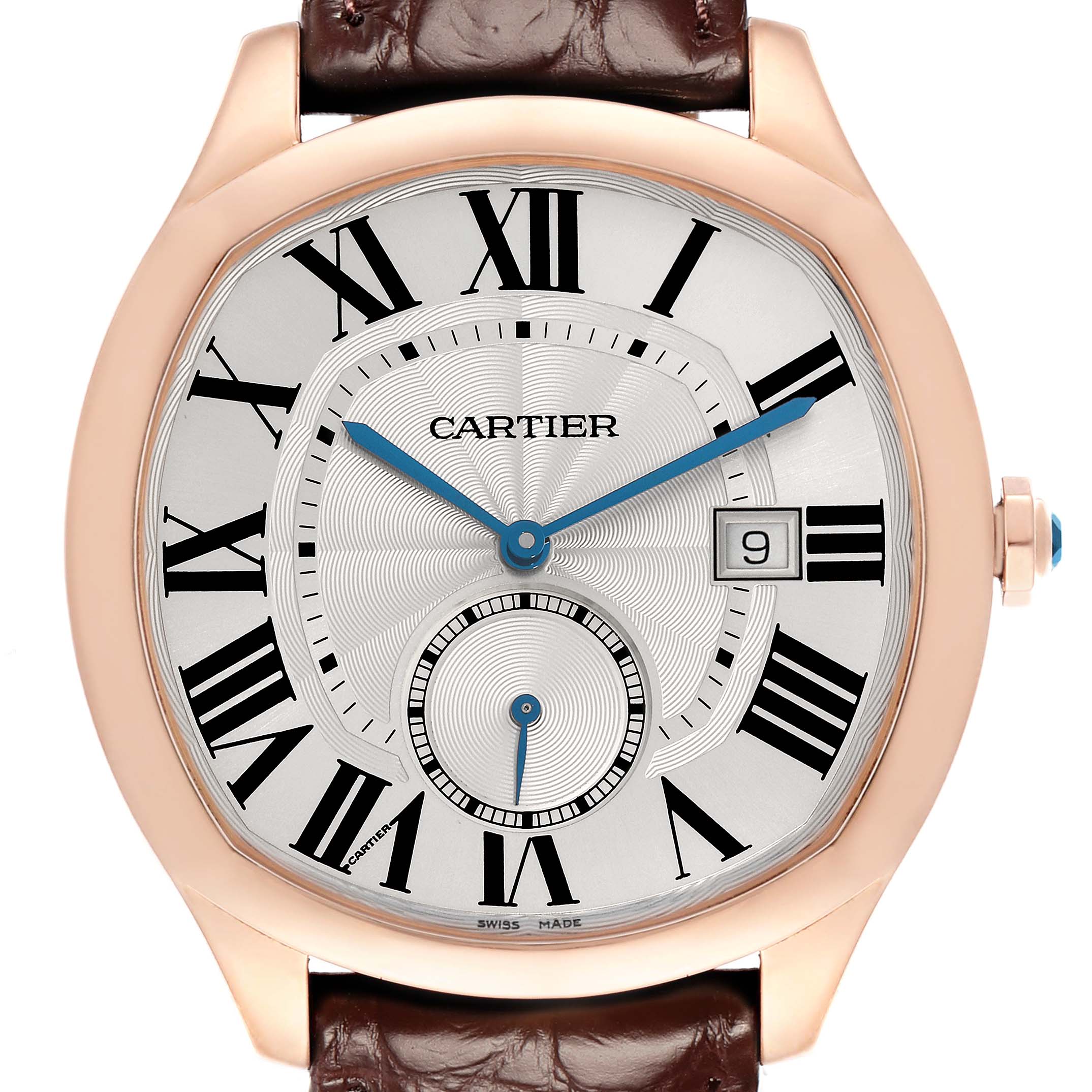 The Drive de Cartier watch is shown from the front, highlighting its face with Roman numerals, blue hands, and date window.