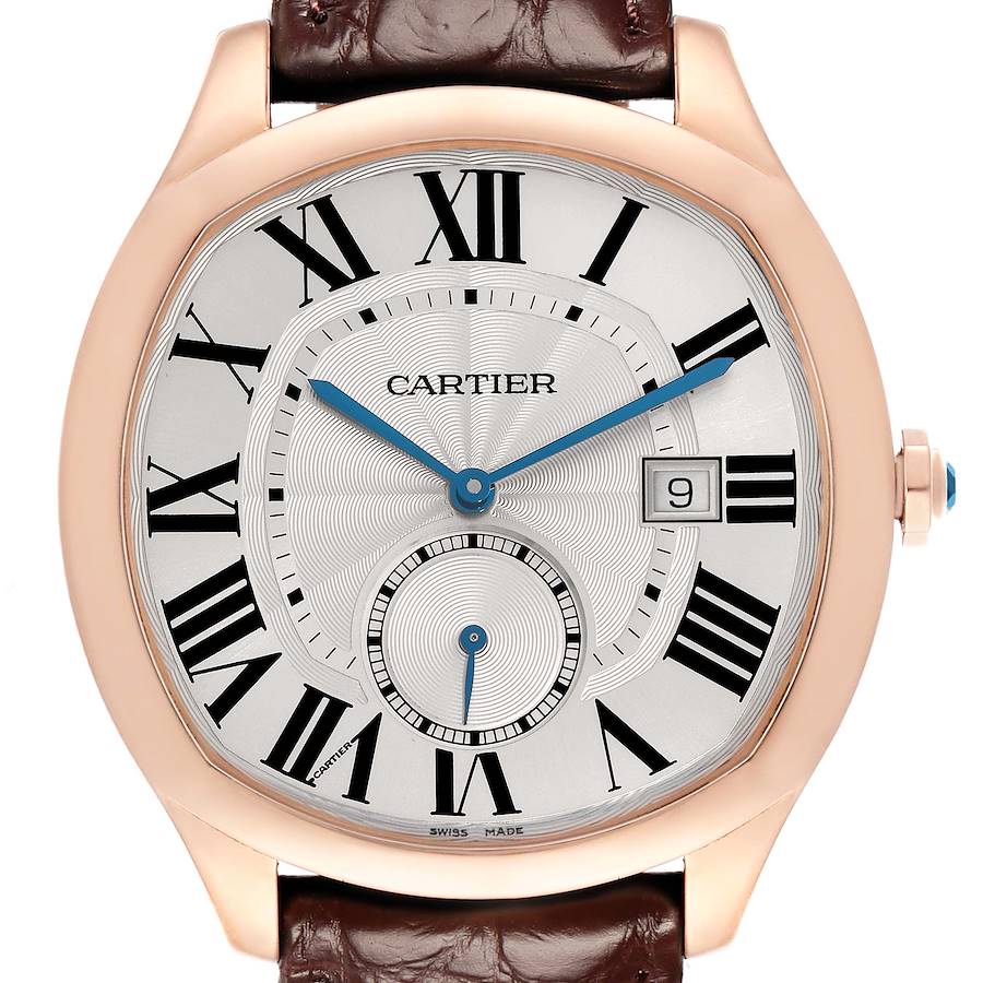 The Drive de Cartier watch is shown from the front, highlighting its face with Roman numerals, blue hands, and date window.