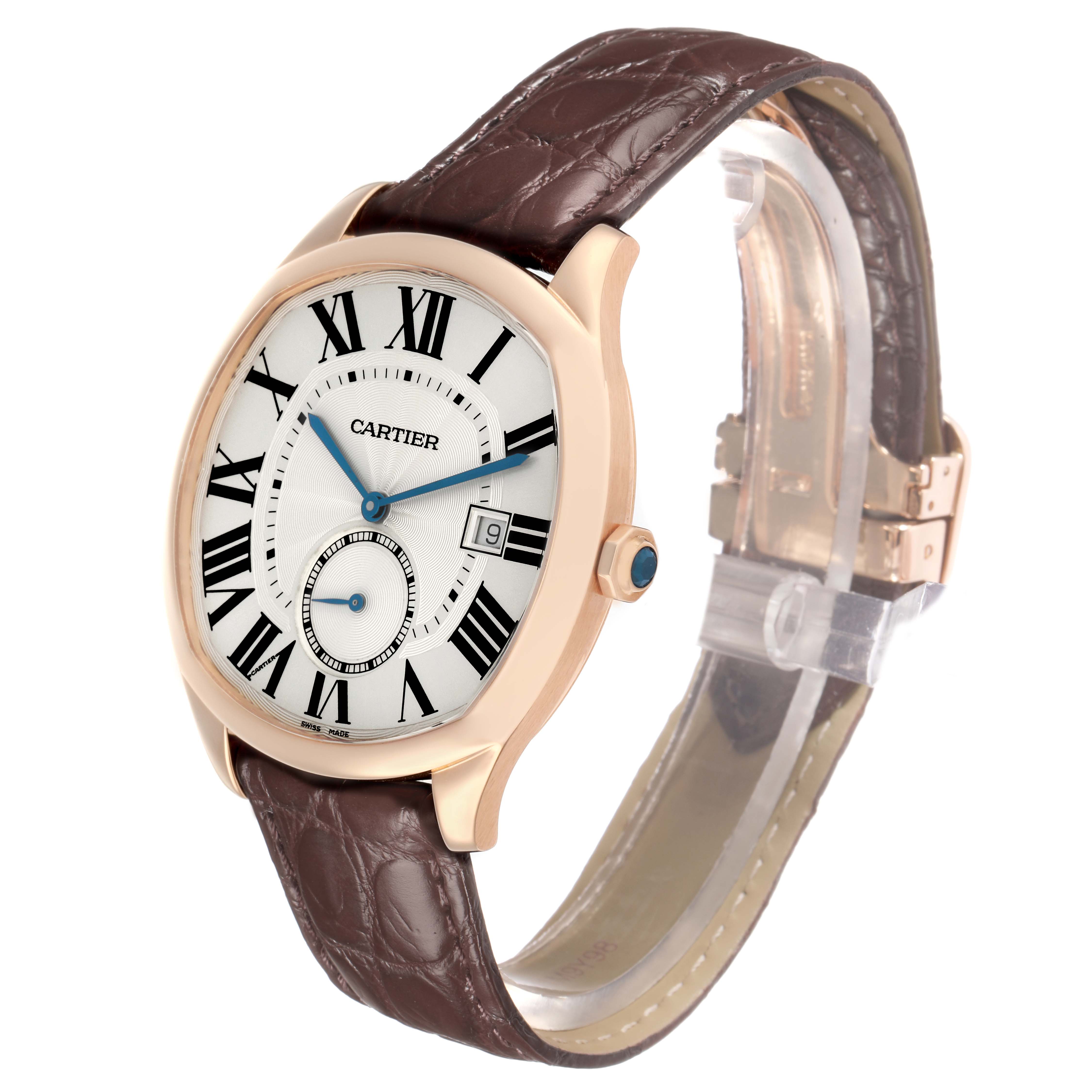The Drive de Cartier watch is shown at an angled view, highlighting the face, brown leather strap, and rose gold case.