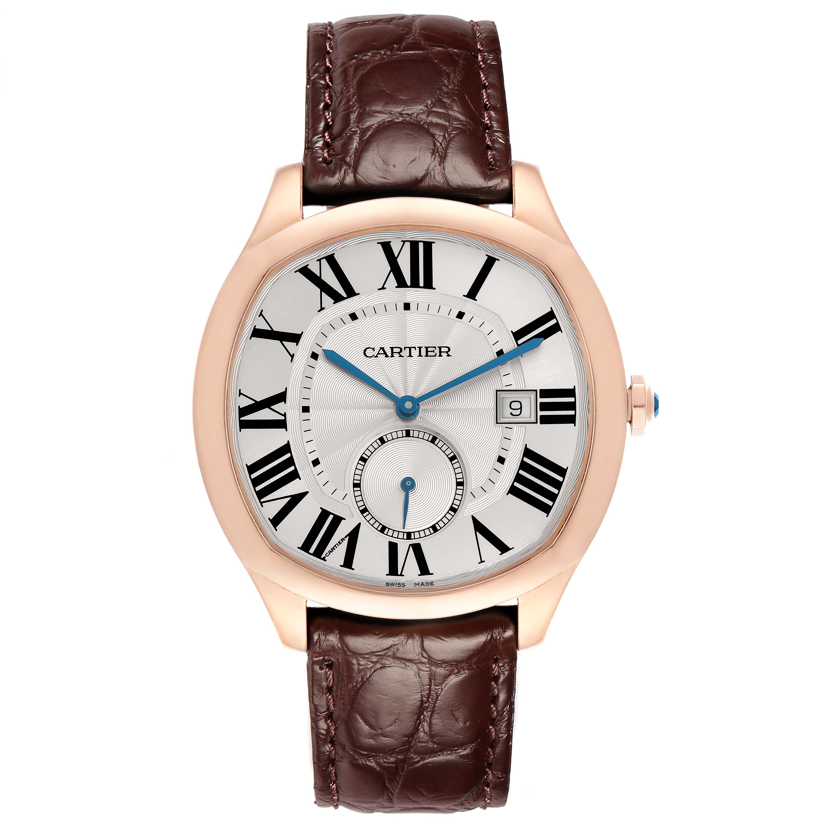 The Drive de Cartier watch is shown from a front view, displaying the face, hands, and leather strap.