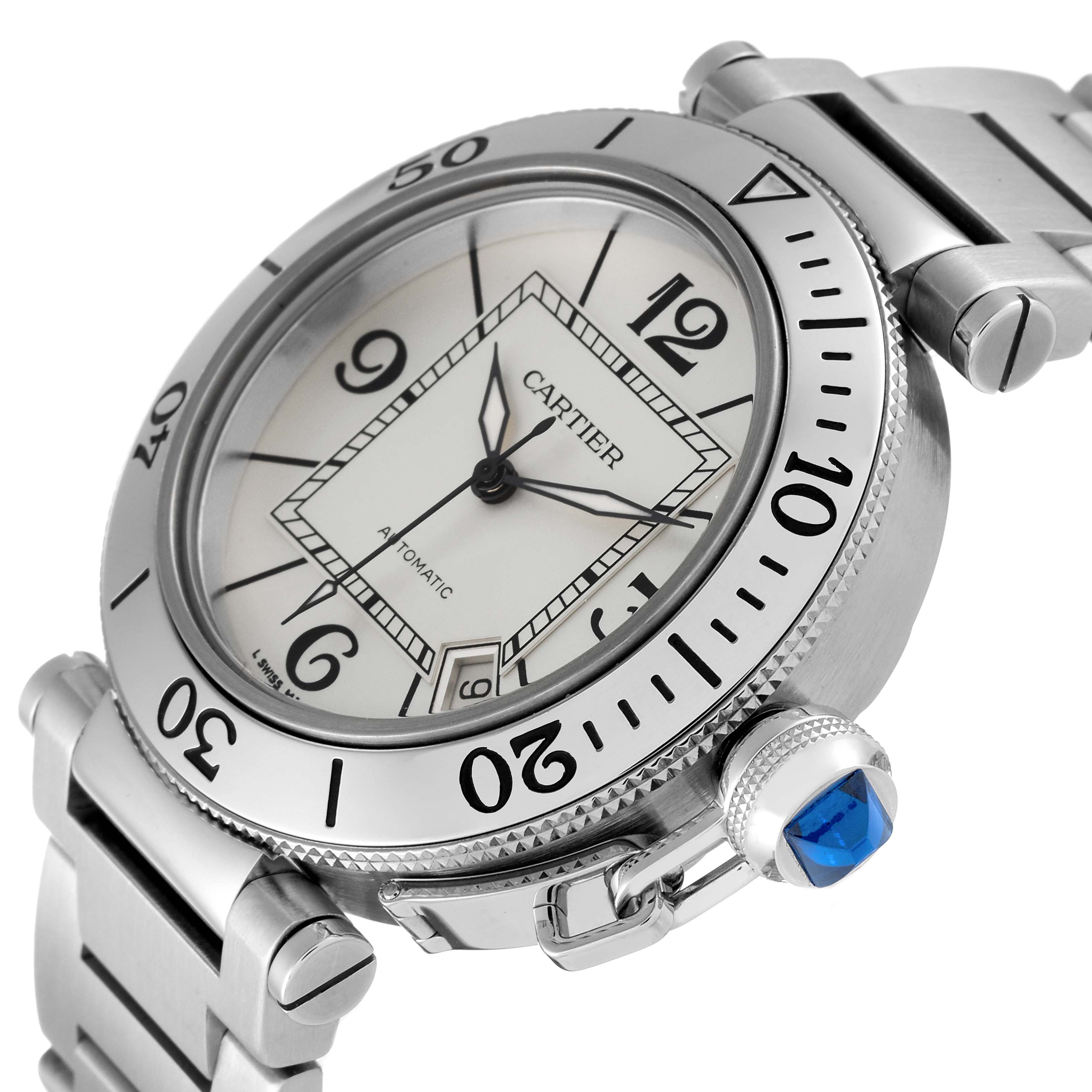 The image shows a close-up view of the Cartier Pasha W31080M7 Men's Stainless Steel Silver Dial W31080M7 Men's Stainless Steel Silver Dial watch, highlighting the bezel, dial, crown, and part of the bracelet.