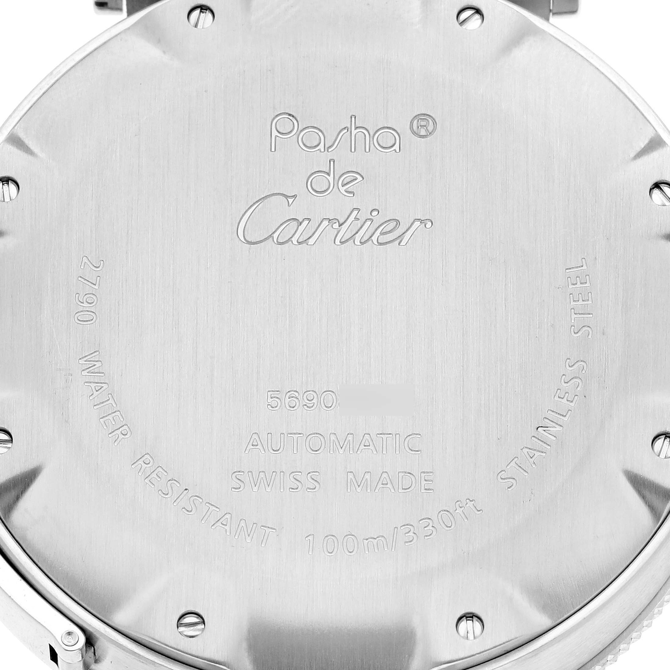 The image shows the back case of a Cartier Pasha W31080M7 Men's Stainless Steel Silver Dial W31080M7 Men's Stainless Steel Silver Dial watch, highlighting its model, water resistance, and materials.