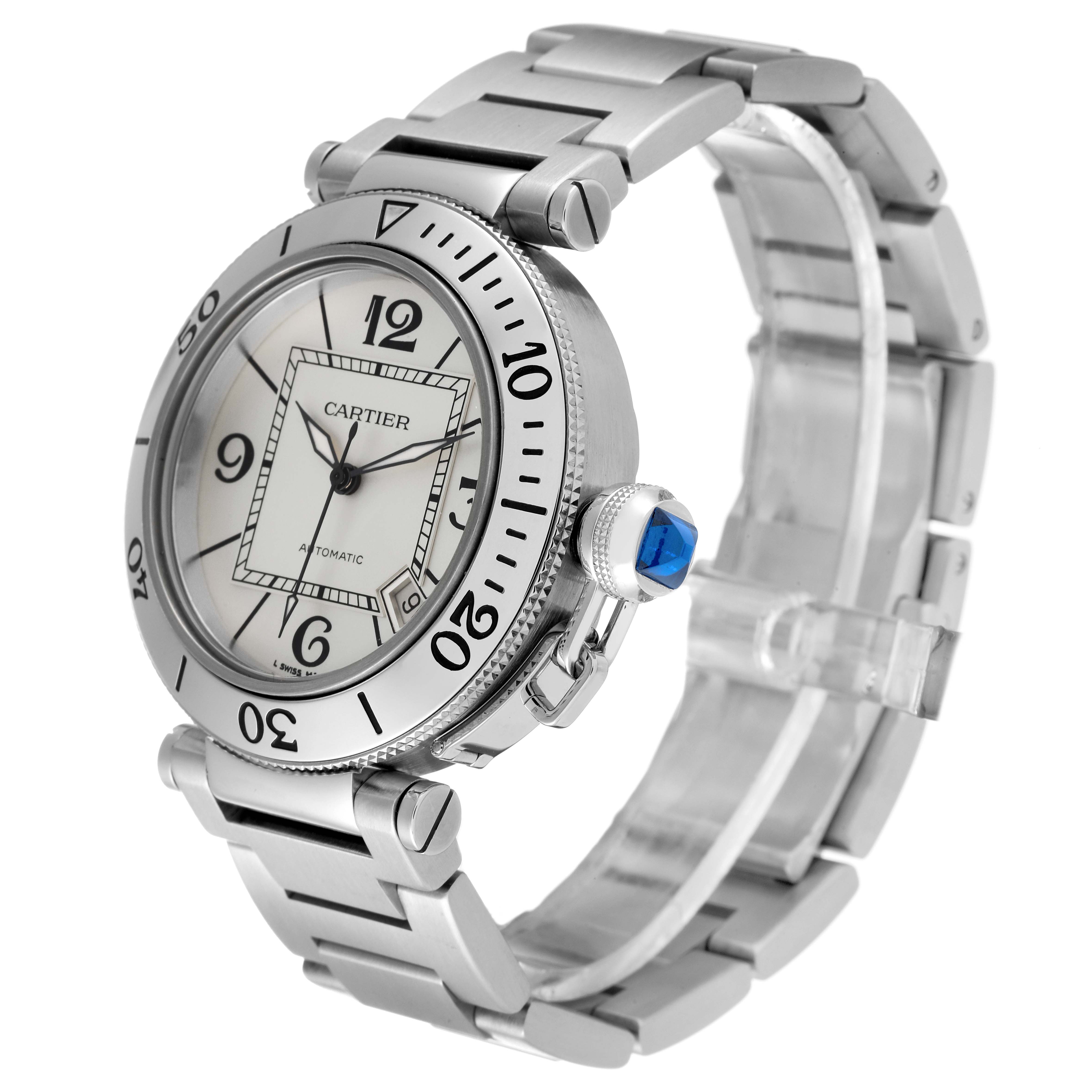The Cartier Pasha W31080M7 Men's Stainless Steel Silver Dial W31080M7 Men's Stainless Steel Silver Dial watch is shown at a 3/4 angle displaying the face, bezel, crown, and bracelet.