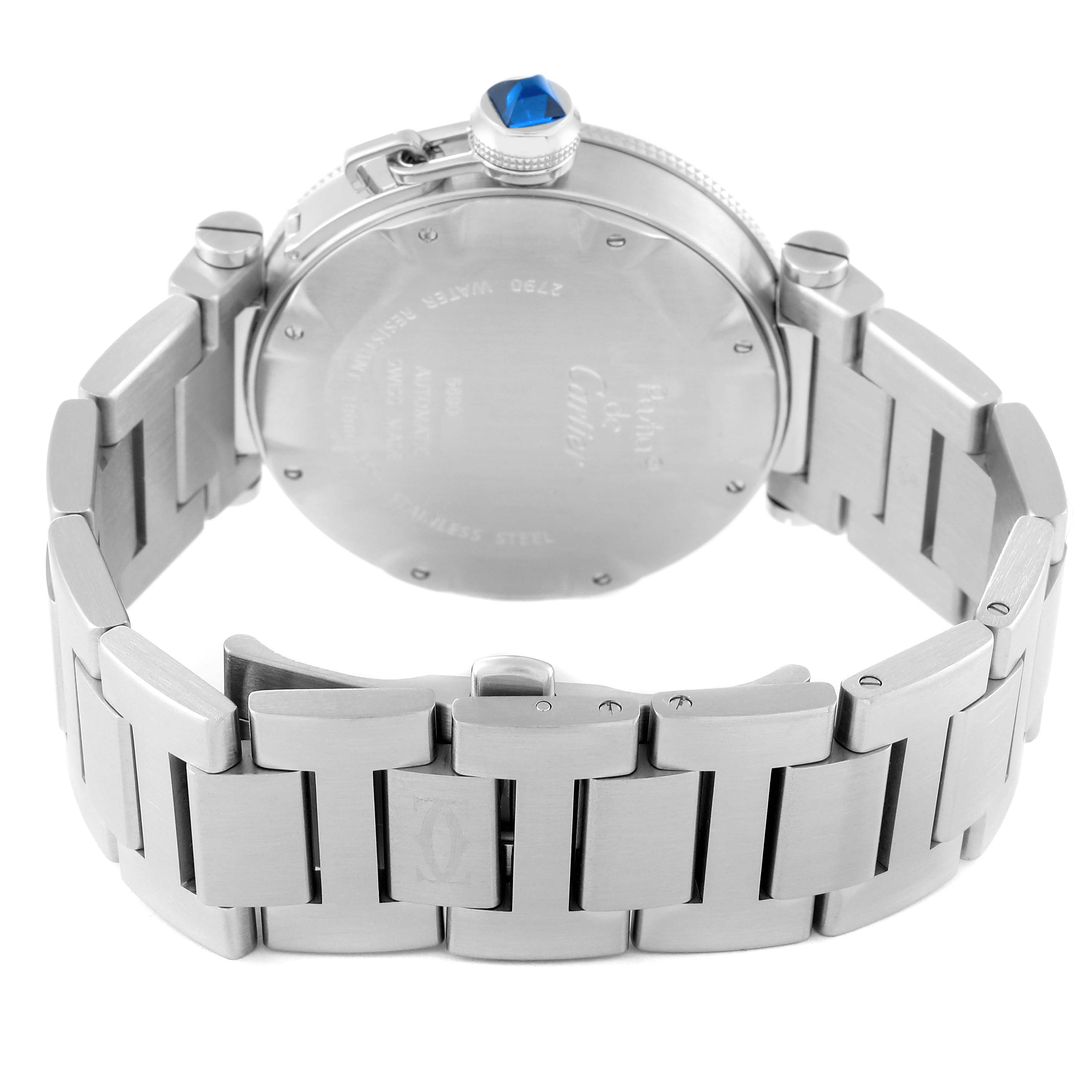 This image shows a rear view of the Cartier Pasha W31080M7 Men's Stainless Steel Silver Dial W31080M7 Men's Stainless Steel Silver Dial watch, highlighting the stainless steel bracelet and case back.