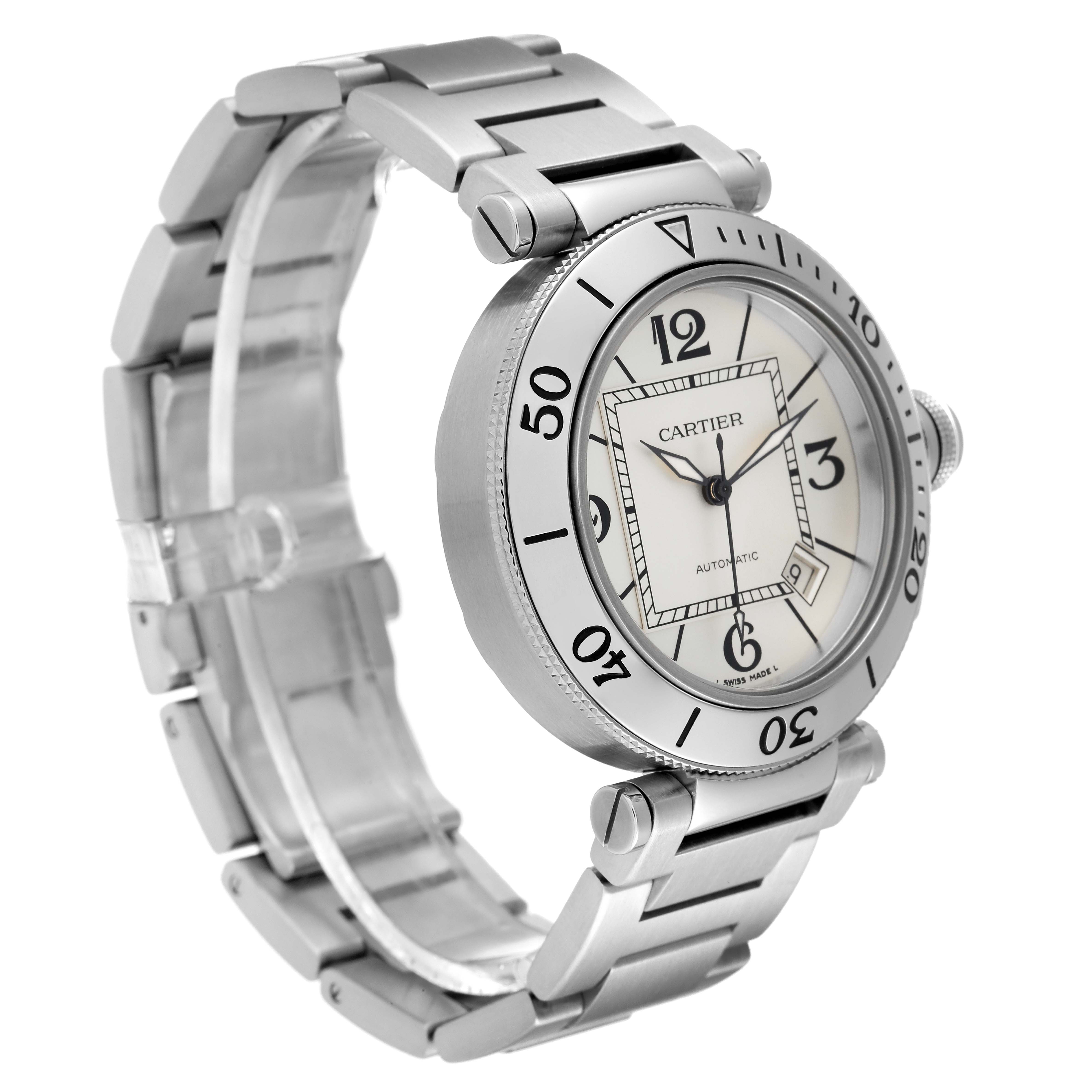 The image shows a side angle of a Cartier Pasha W31080M7 Men's Stainless Steel Silver Dial W31080M7 Men's Stainless Steel Silver Dial watch, highlighting the watch face, bezel, bracelet, and part of the crown.