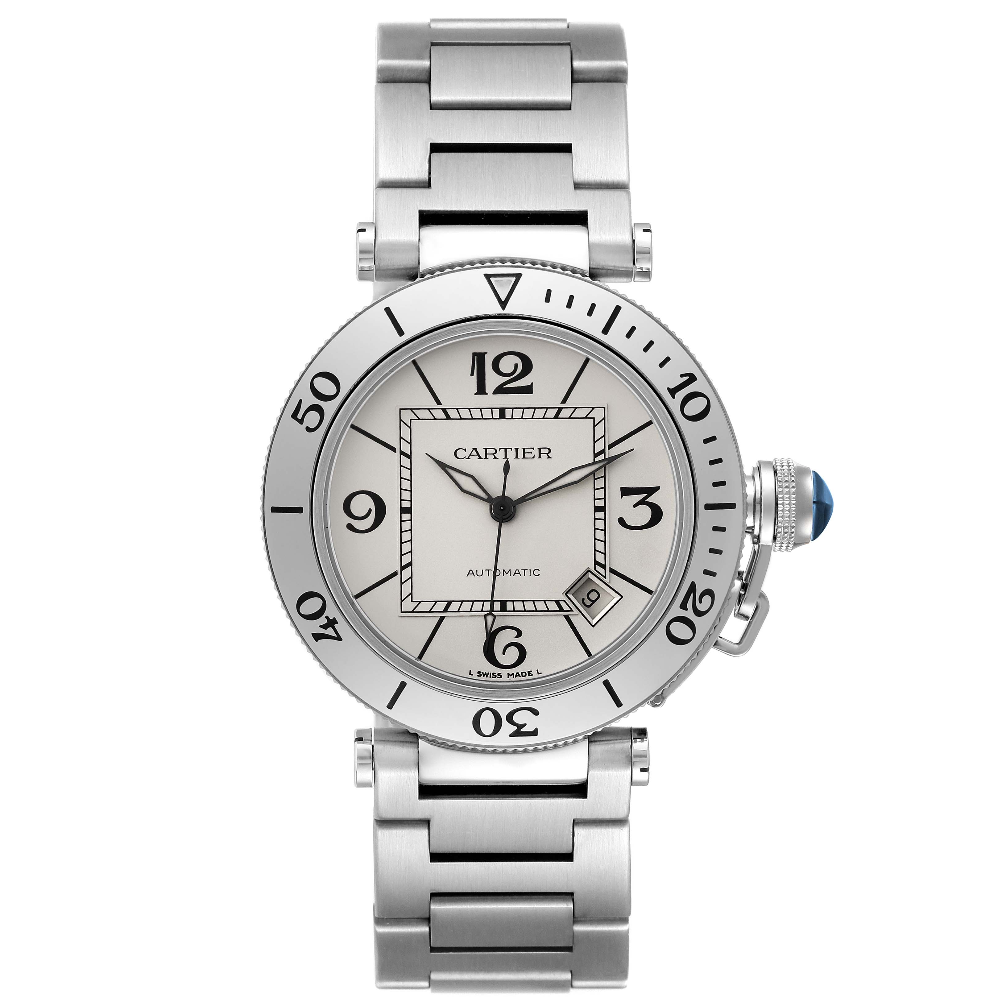This image shows a front view of the Cartier Pasha W31080M7 Men's Stainless Steel Silver Dial W31080M7 Men's Stainless Steel Silver Dial watch, highlighting its face, bezel, and metal bracelet.