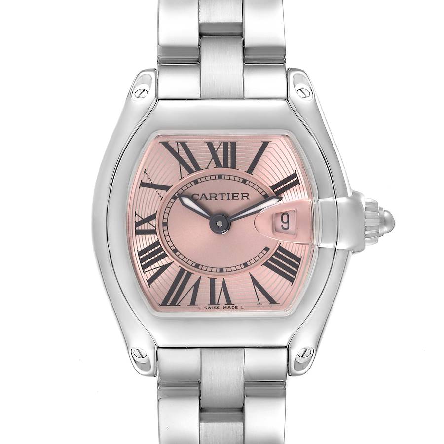 The Cartier Roadster watch is shown at a front angle, displaying the dial, case, and bracelet clearly.