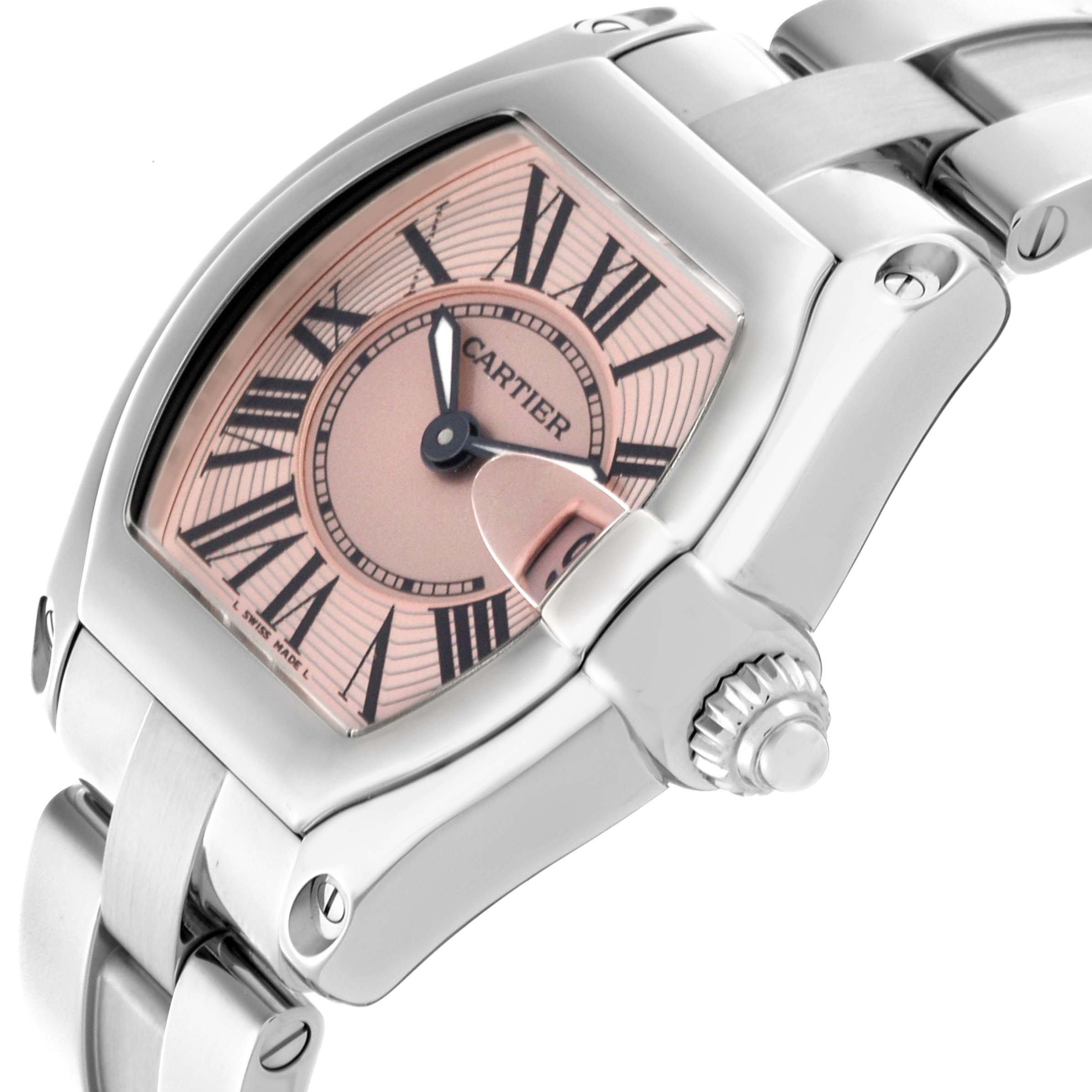 The Cartier Roadster W62017V3 Women's Stainless Steel Pink Dial W62017V3 Women's Stainless Steel Pink Dial watch is shown at an angled side view, highlighting the case, dial, bezel, and part of the bracelet.