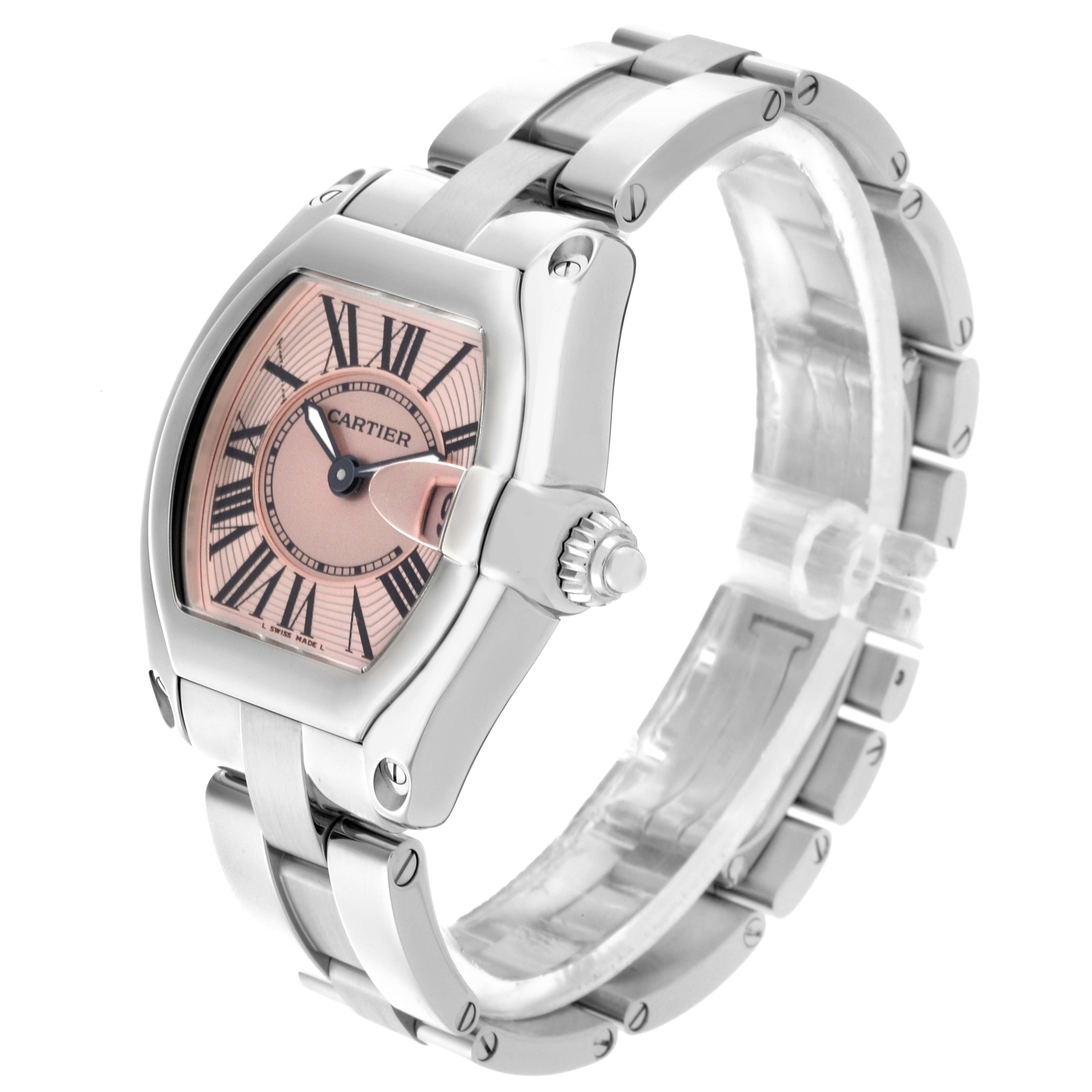 The Cartier Roadster W62017V3 Women's Stainless Steel Pink Dial W62017V3 Women's Stainless Steel Pink Dial watch is shown at a three-quarter angle, highlighting the pink dial, Roman numerals, and stainless steel bracelet.