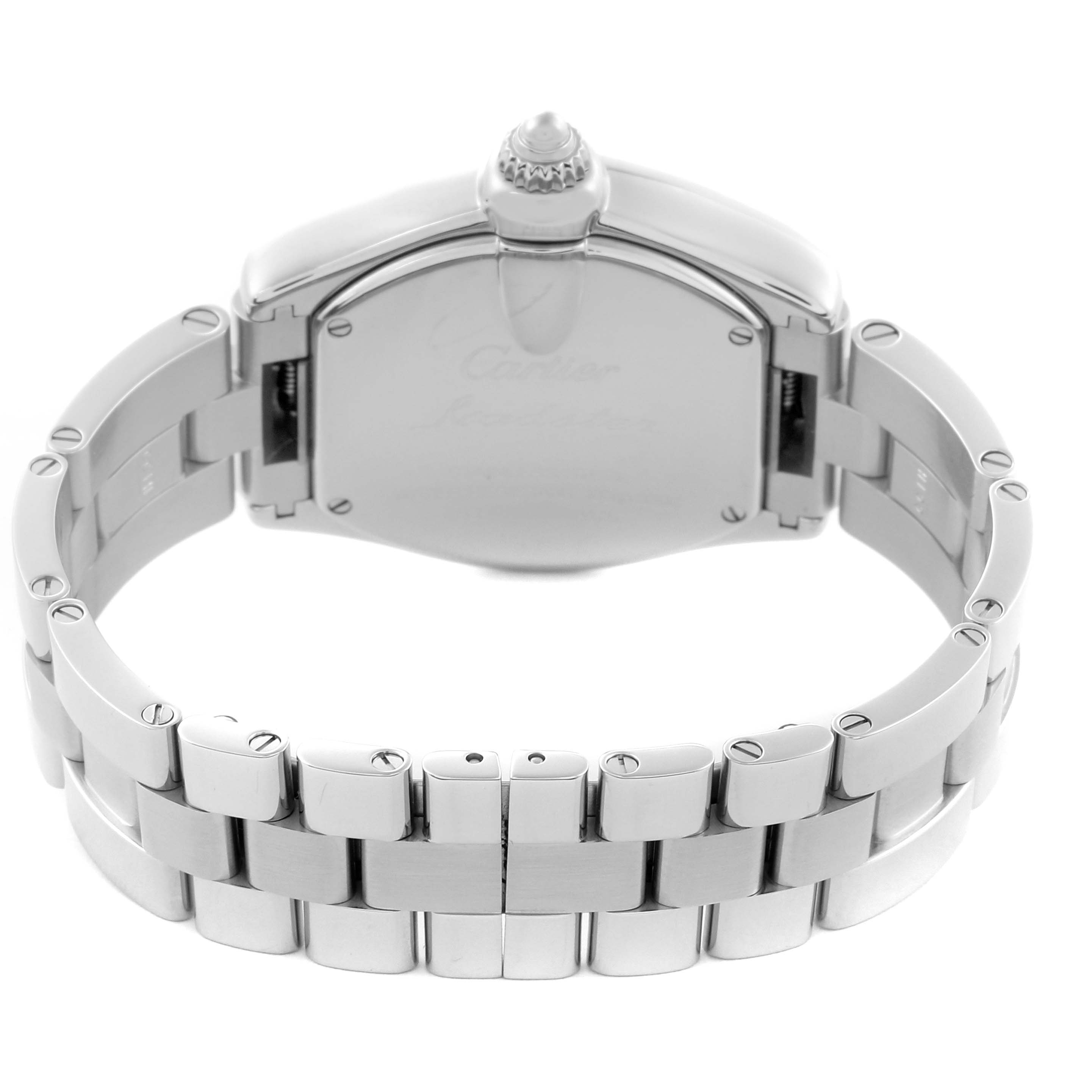 The image shows the back view of the Cartier Roadster W62017V3 Women's Stainless Steel Pink Dial W62017V3 Women's Stainless Steel Pink Dial watch, highlighting the bracelet and case back.