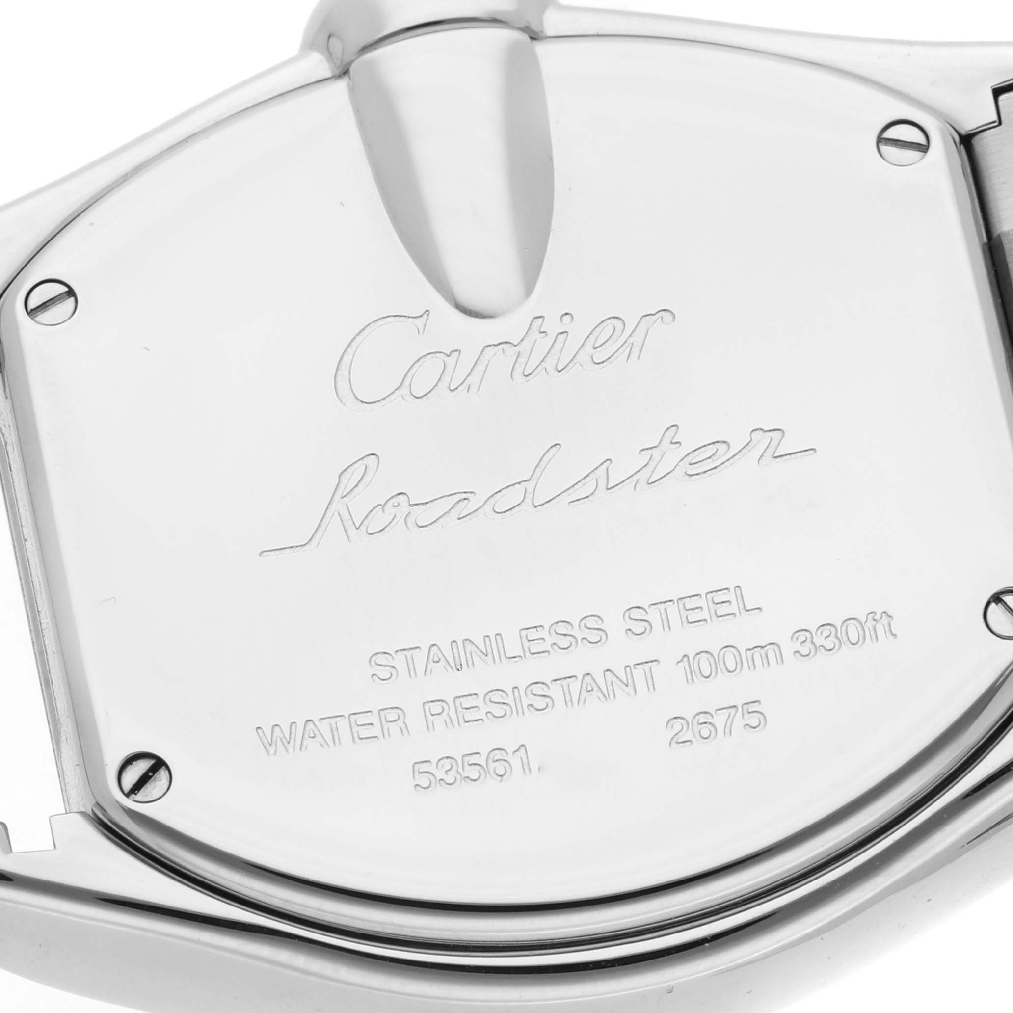 The image shows the back plate of a Cartier Roadster W62017V3 Women's Stainless Steel Pink Dial W62017V3 Women's Stainless Steel Pink Dial watch, highlighting branding and specifications.