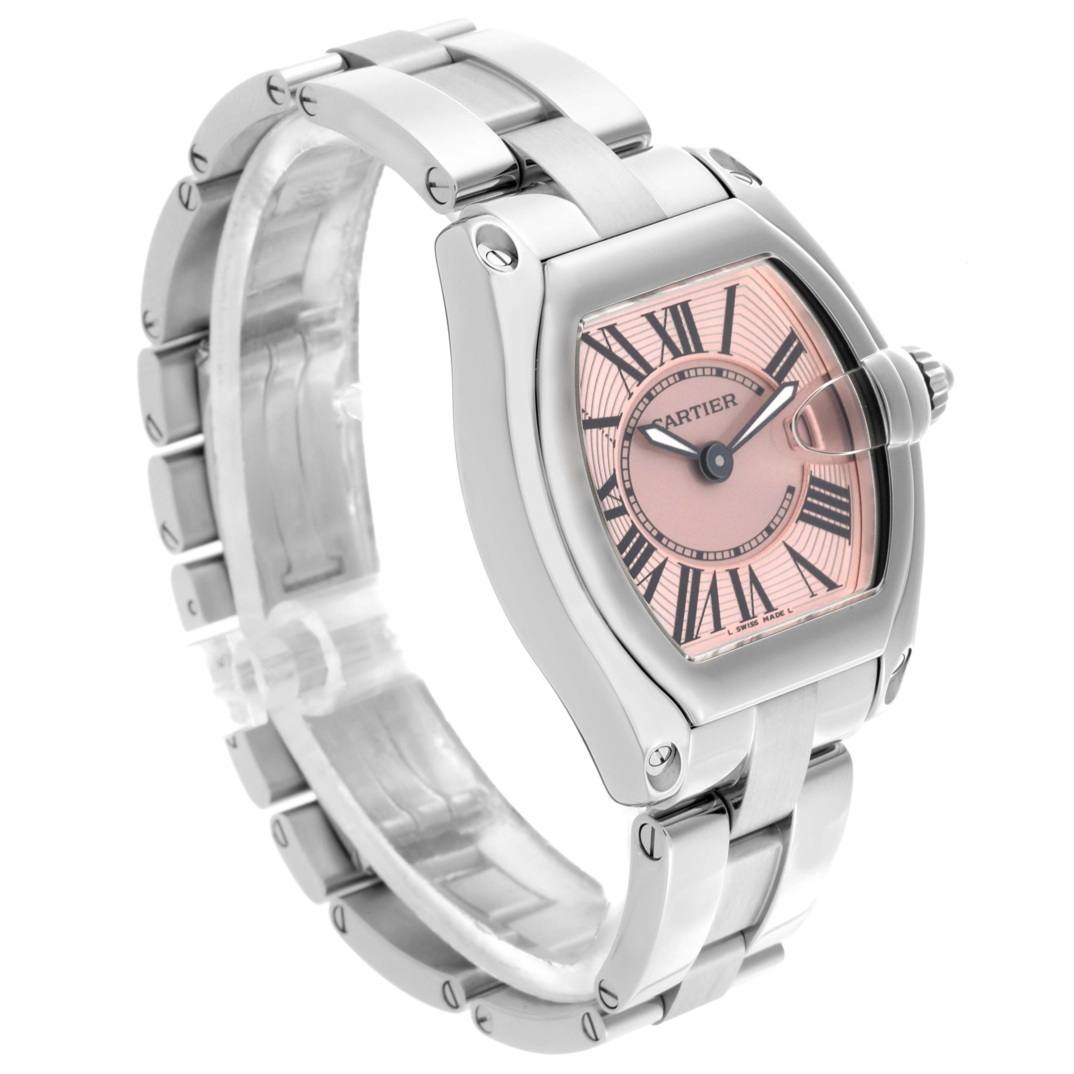 The Cartier Roadster W62017V3 Women's Stainless Steel Pink Dial W62017V3 Women's Stainless Steel Pink Dial watch is shown at a three-quarter angle, displaying the face, bracelet, and crown.