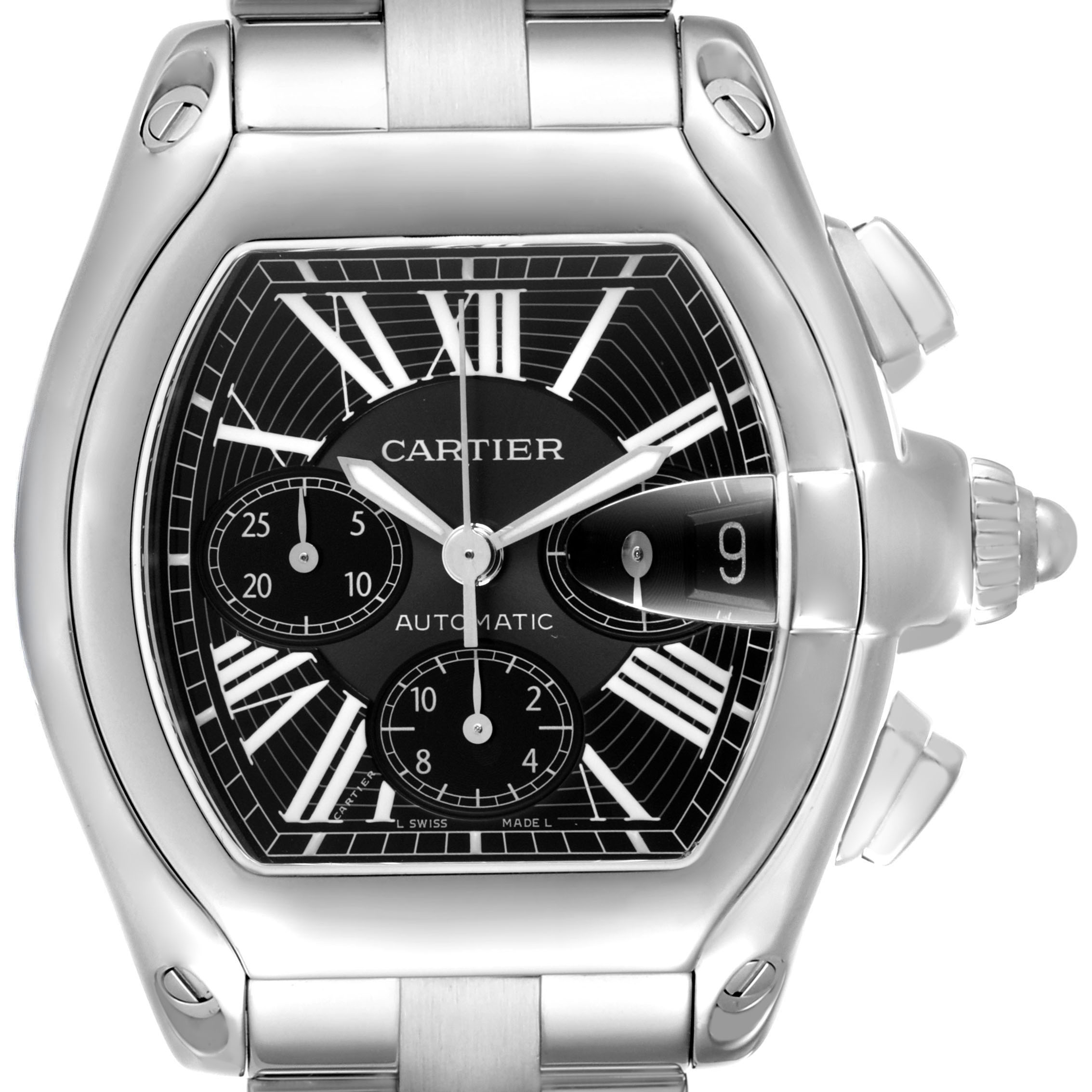 This image shows a frontal view of the Cartier Roadster W62020X6 Men's Stainless Steel Black Dial watch, highlighting the face, sub-dials, and side crown.