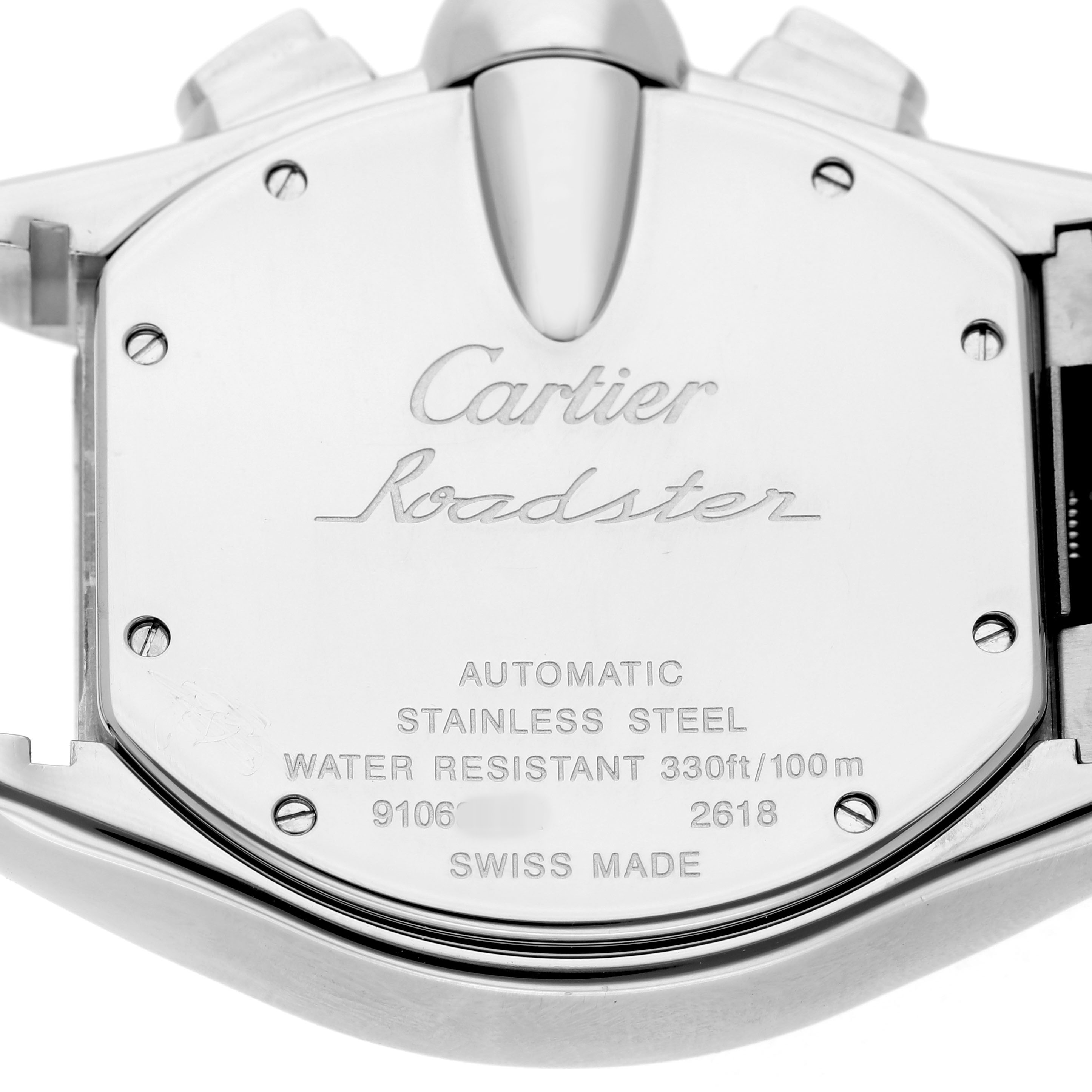 The image shows the back case of a Cartier Roadster W62020X6 Men's Stainless Steel Black Dial watch, displaying its engravings and specifications.